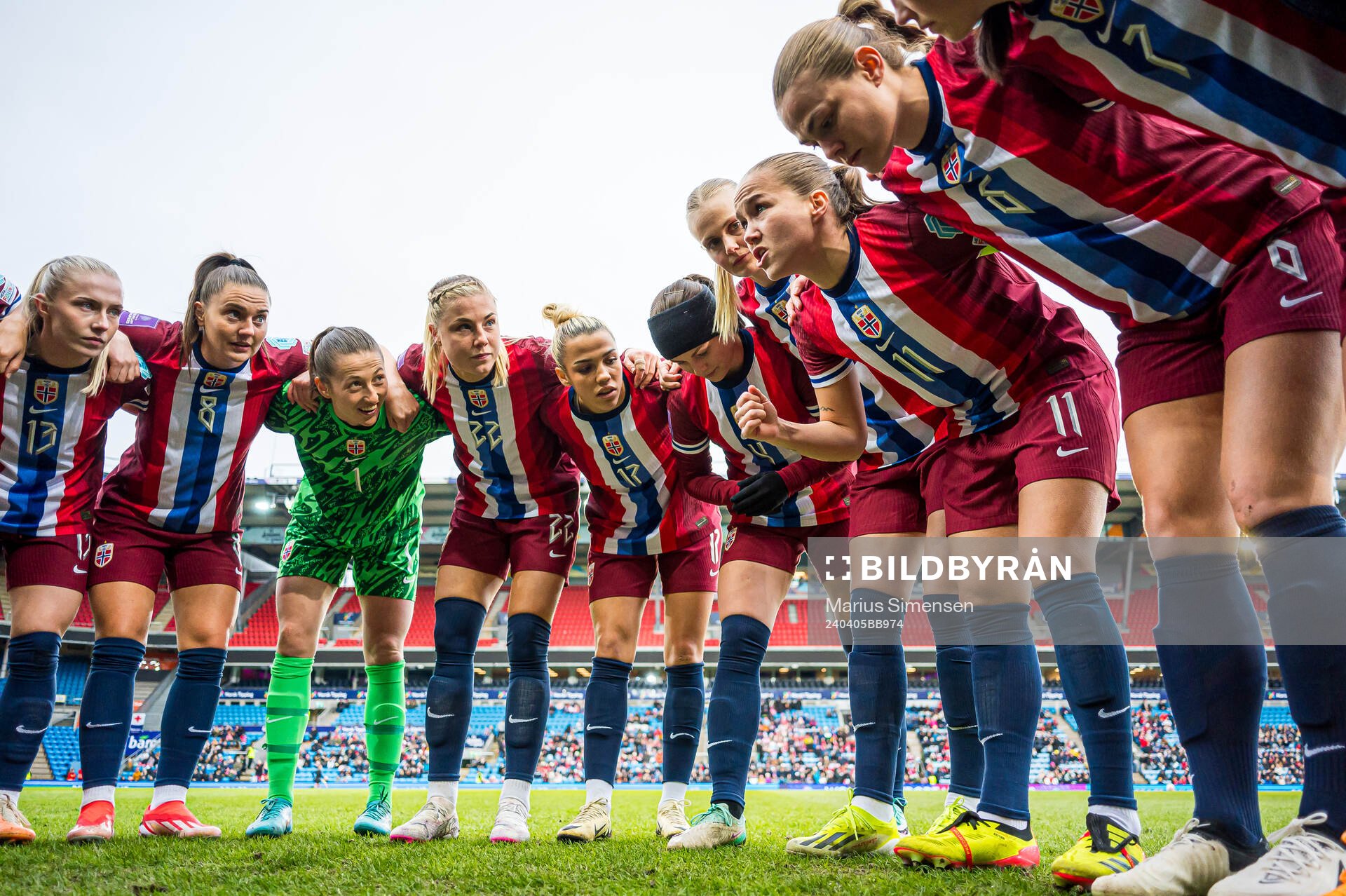 Thea Bjelde, Vilde Bøe Risa, Cecilie Hauståker Fiskerstrand, Sophie Roman Haug, Celin Bizet Ildhusøy, Tuva Hansen, Karina Sævik and Guro Reiten of Norway ahead of the UEFA Women's Euro Qualifier football match between Norway and Finland on April 5, 2024 in Oslo.