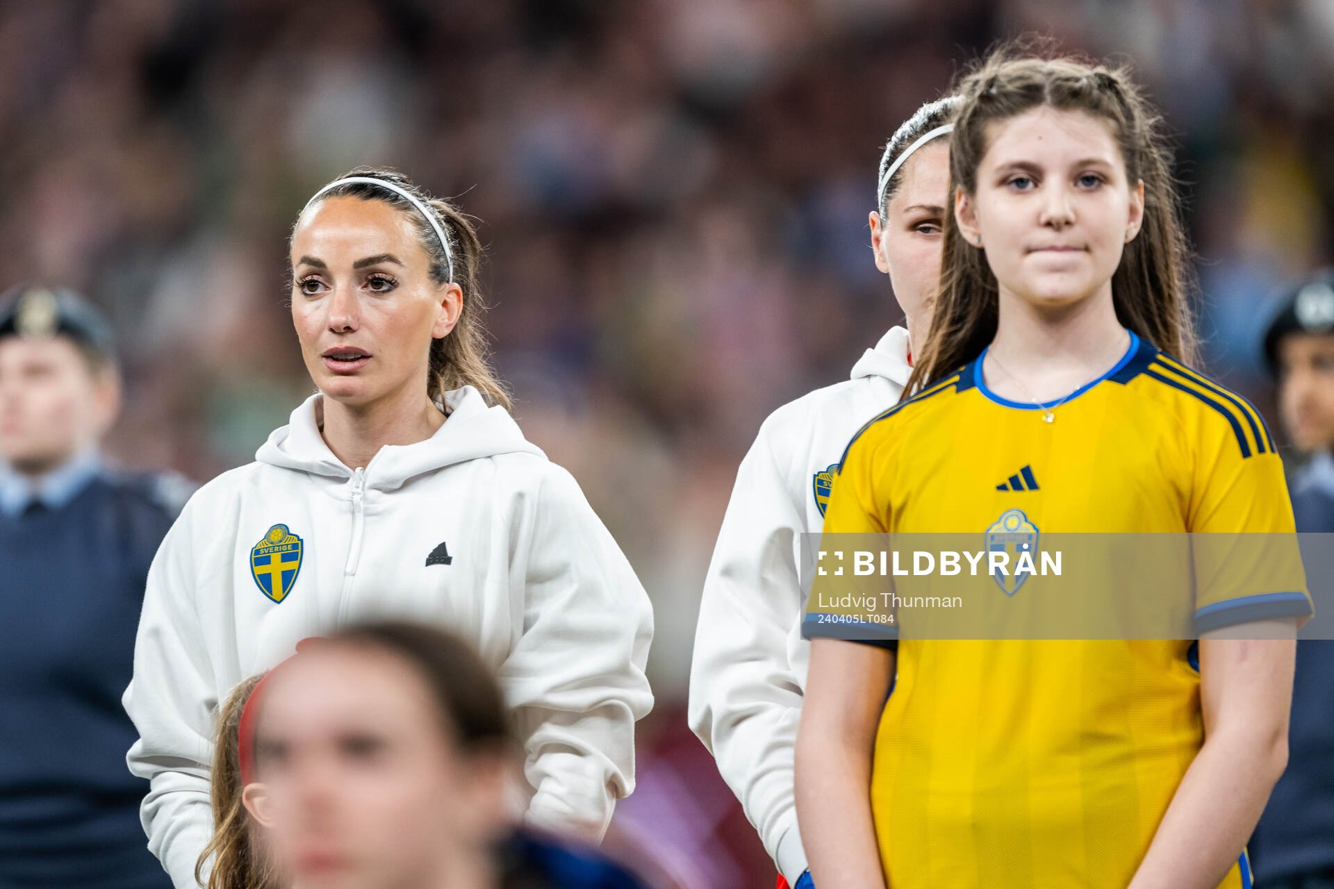 Kosovare Asllani and goalkeeper Jennifer Falk of Sweden