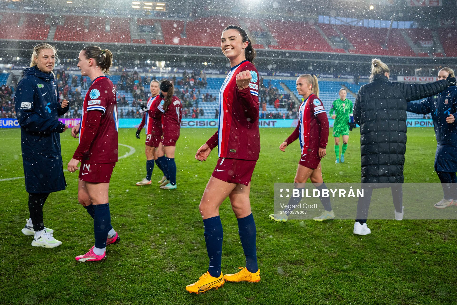 Ingrid Syrstad Engen of Norway celebrates after the UEFA Women's Euro Qualifier football match between Norway and Finland on April 5, 2024 in Oslo.