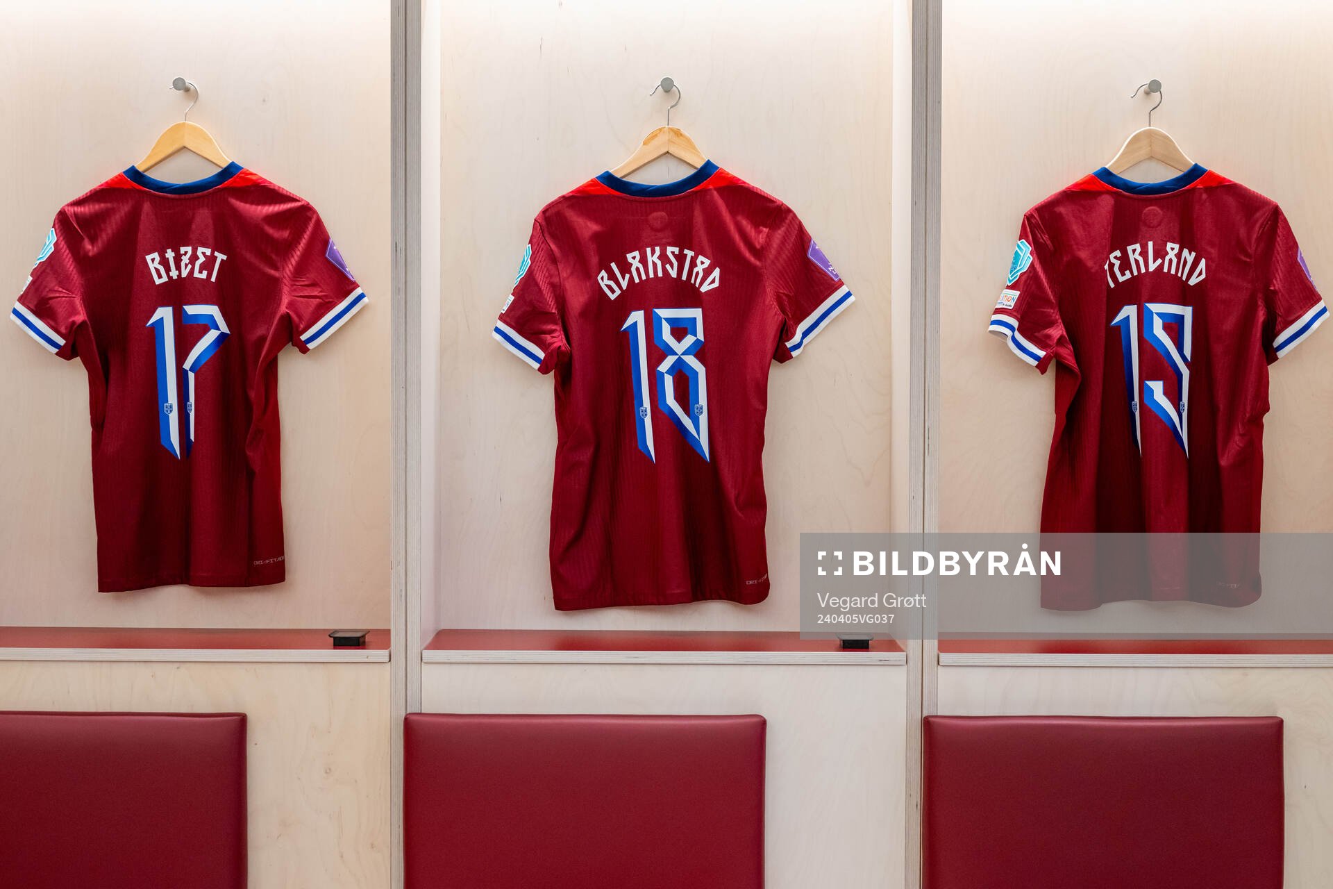 The kits of Celin Bizet Ildhusøy, Julie Blakstad and Elisabeth Terland of Norway in the dressing room ahead of the UEFA Women's Euro Qualifier football match between Norway and Finland on April 5, 2024 in Oslo.