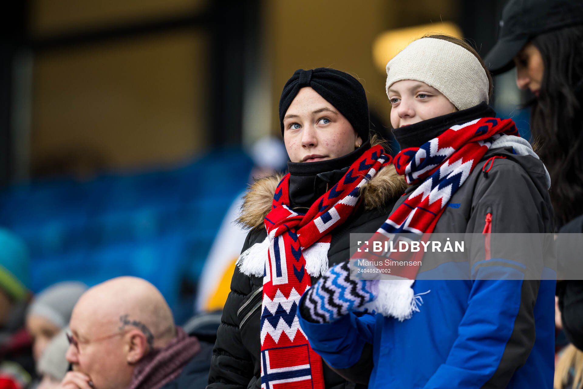 Spectators in the stands ahead of the UEFA Women's Euro Qualifier football match between Norway and Finland on April 5, 2024 in Oslo.