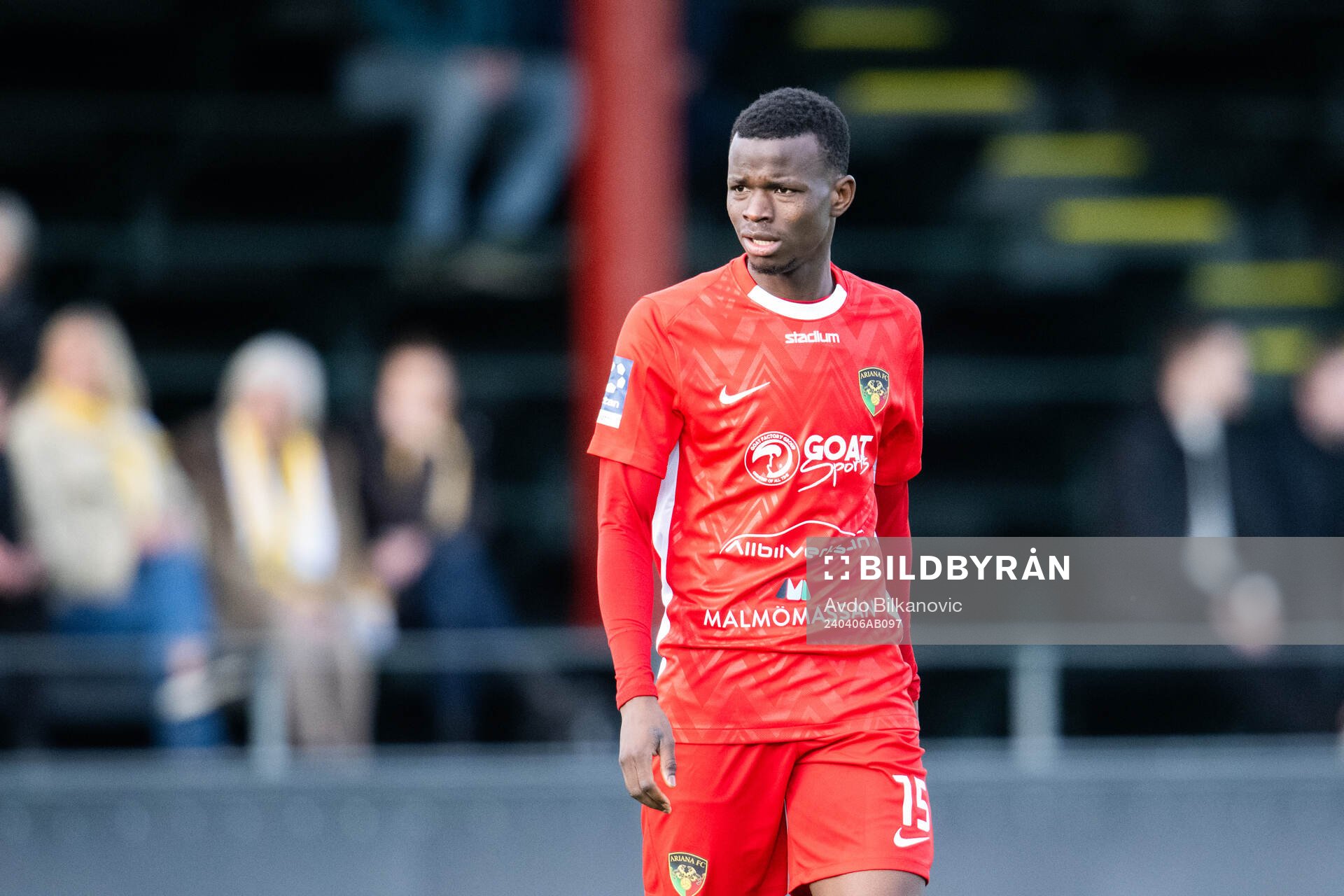 Ariana FCs Usman Mohammed Ibrahim under fotbollsmatchen i Division 1 Södra mellan Ariana FC och Falkenbergs FF den 6 april 2024 i Malmö.