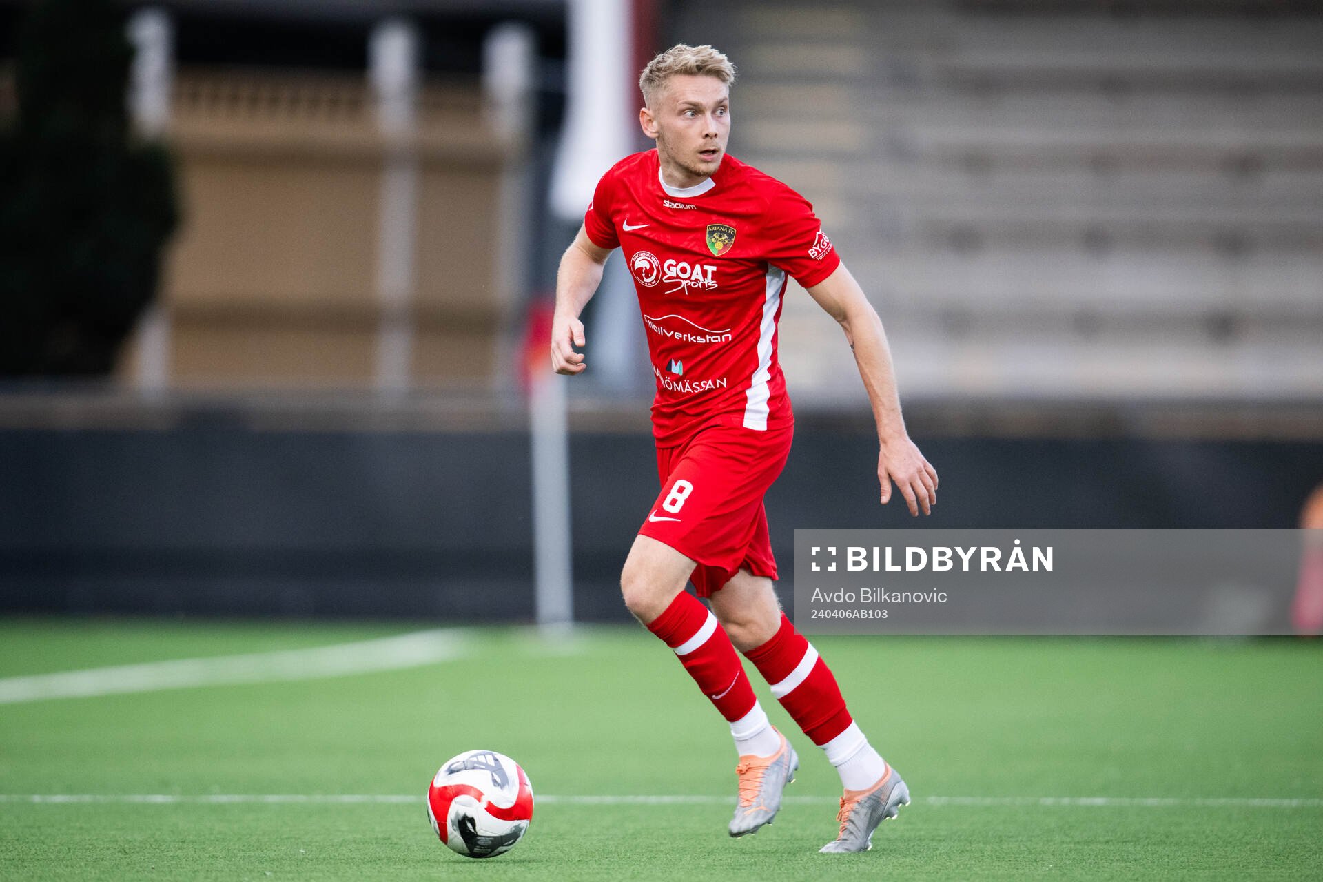 Ariana FCs Johan Brannefalk under fotbollsmatchen i Division 1 Södra mellan Ariana FC och Falkenbergs FF den 6 april 2024 i Malmö.