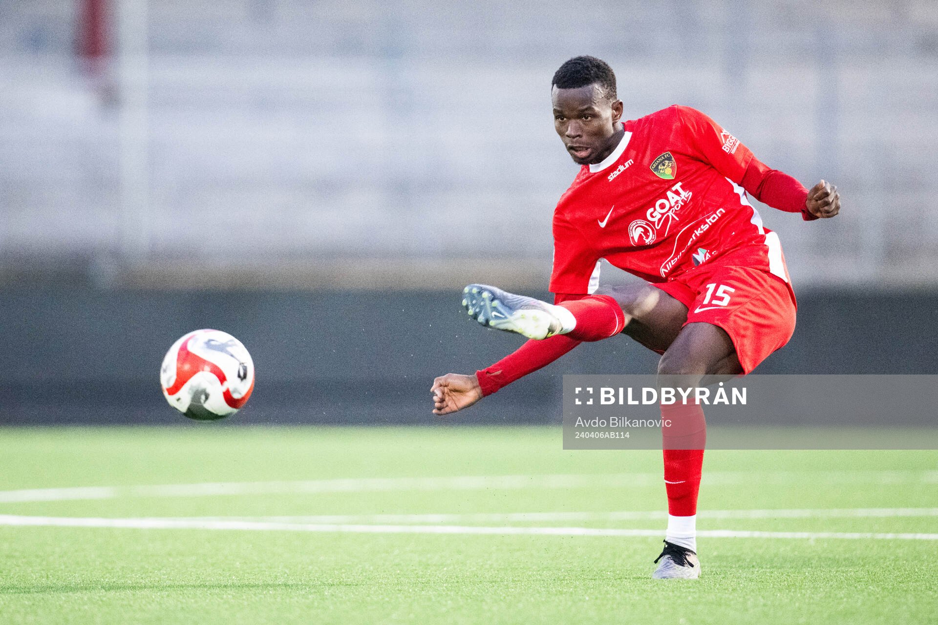 Ariana FCs Usman Mohammed Ibrahim under fotbollsmatchen i Division 1 Södra mellan Ariana FC och Falkenbergs FF den 6 april 2024 i Malmö.