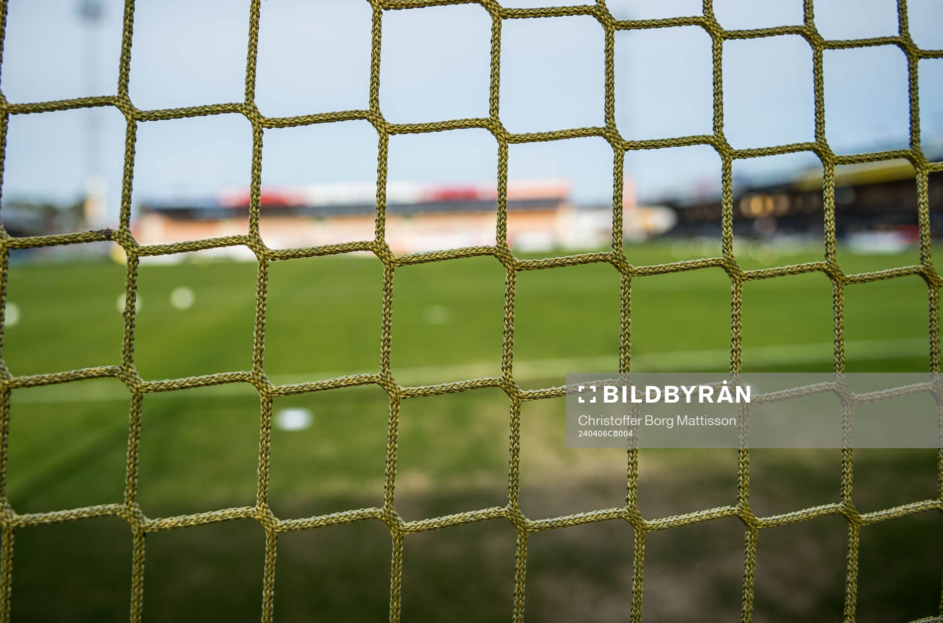 Nät i ett fotbollsmål på Strandvallen inför fotbollsmatchen i Allsvenskan mellan Mjällby och IFK Norrköping den 6 april 2024 i Hällevik.