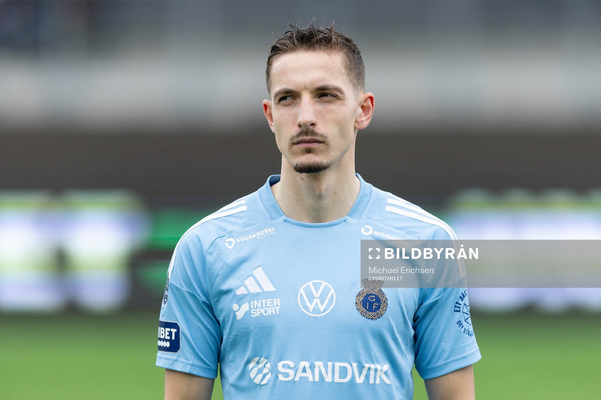 Gefles Lukas Browning Lagerfeldt innan fotbollsmatchen i Superettan mellan Utsikten och Gefle den 7 april 2024 i Göteborg. 