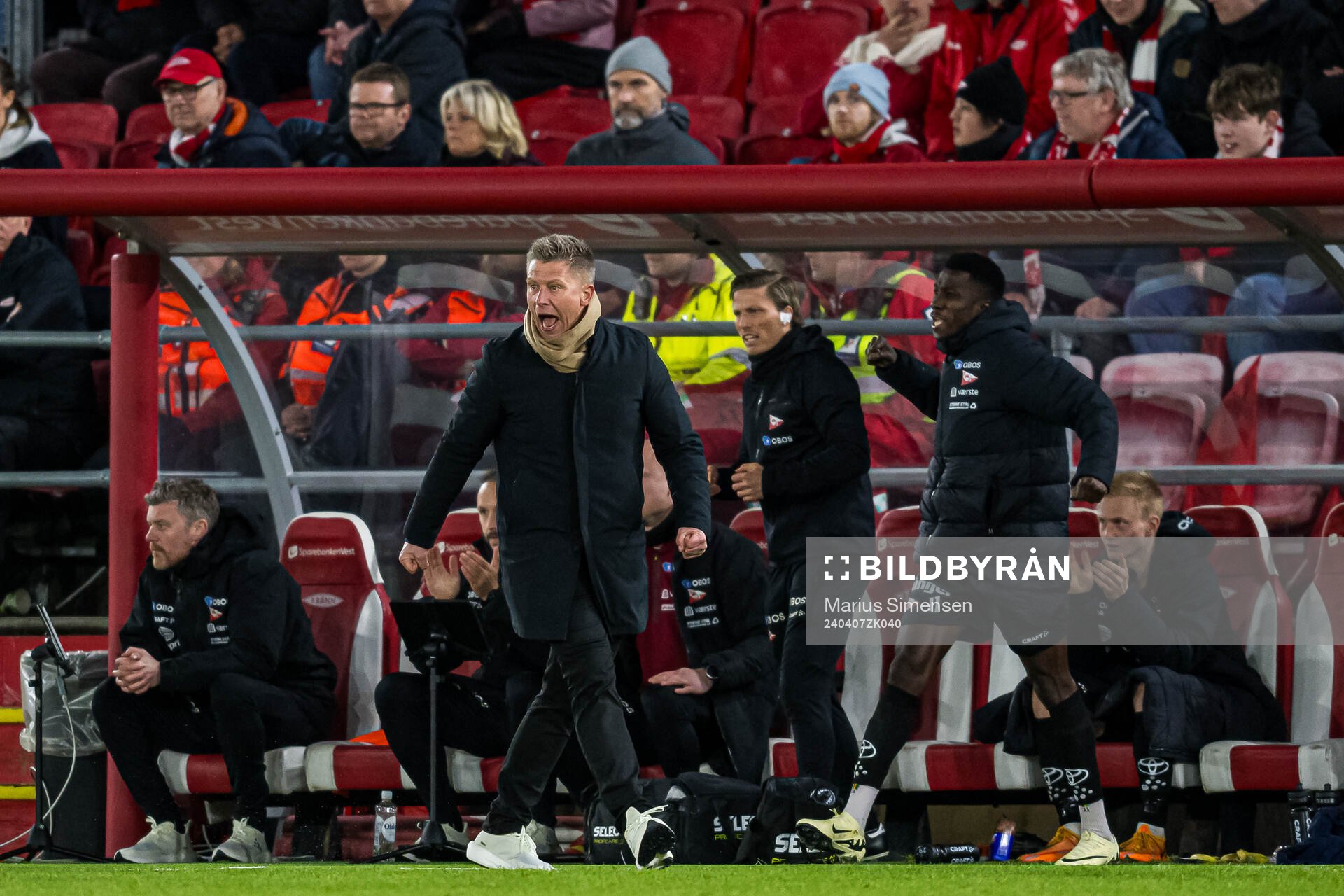 Mikkjal Thomassen, head coach of Fredrikstad, during the Eliteserien match between Brann and Fredrikstad on April 7, 2024 in Bergen. 