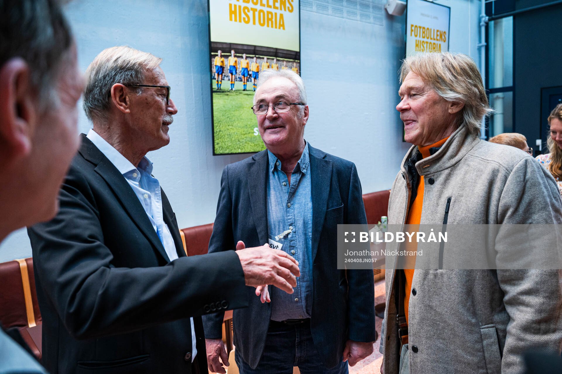 Staffan Tapper, Ralf Edström och Glenn Strömberg under en pressträff anordnad av SVT den 8 april 2024 i Stockholm. 
