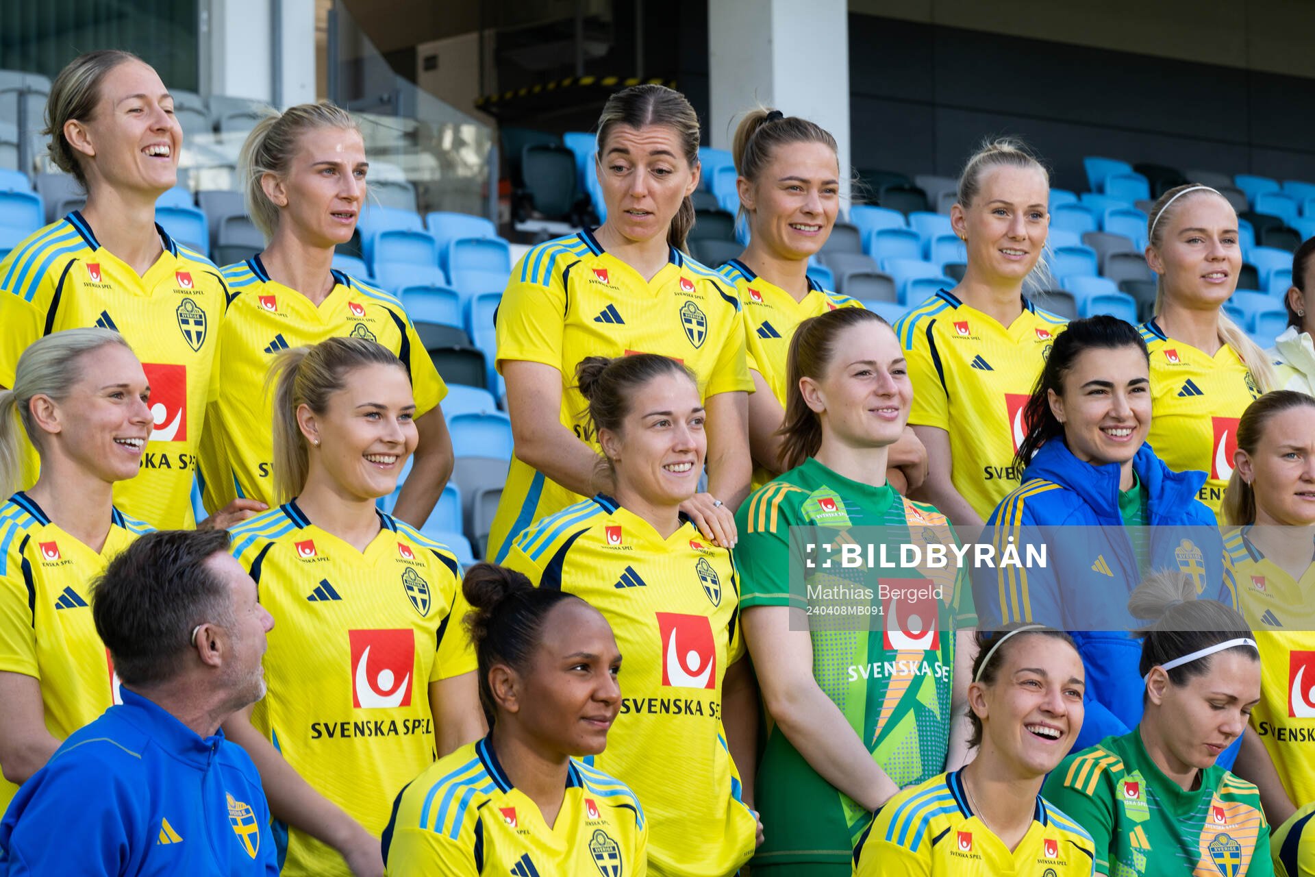 Emma Kullberg, Sofia Jakobsson, Linda Sembrant, Fridolina Rolfö, Stina Blackstenius, Stina Lennartsson, Jonna Andersson, Amanda Nildén, Filippa Angeldahl, goalkeeper Tove Enblom, goalkeeper Zecira Musovic, Head coach Peter Gerhardsson, Madelen Janogy, Julia Zigiotti Olme and goalkeeper Jennifer Falk ahead of a team photo shoot with the Swedish women’s national football team on April 8, 2024 in Gothenburg.