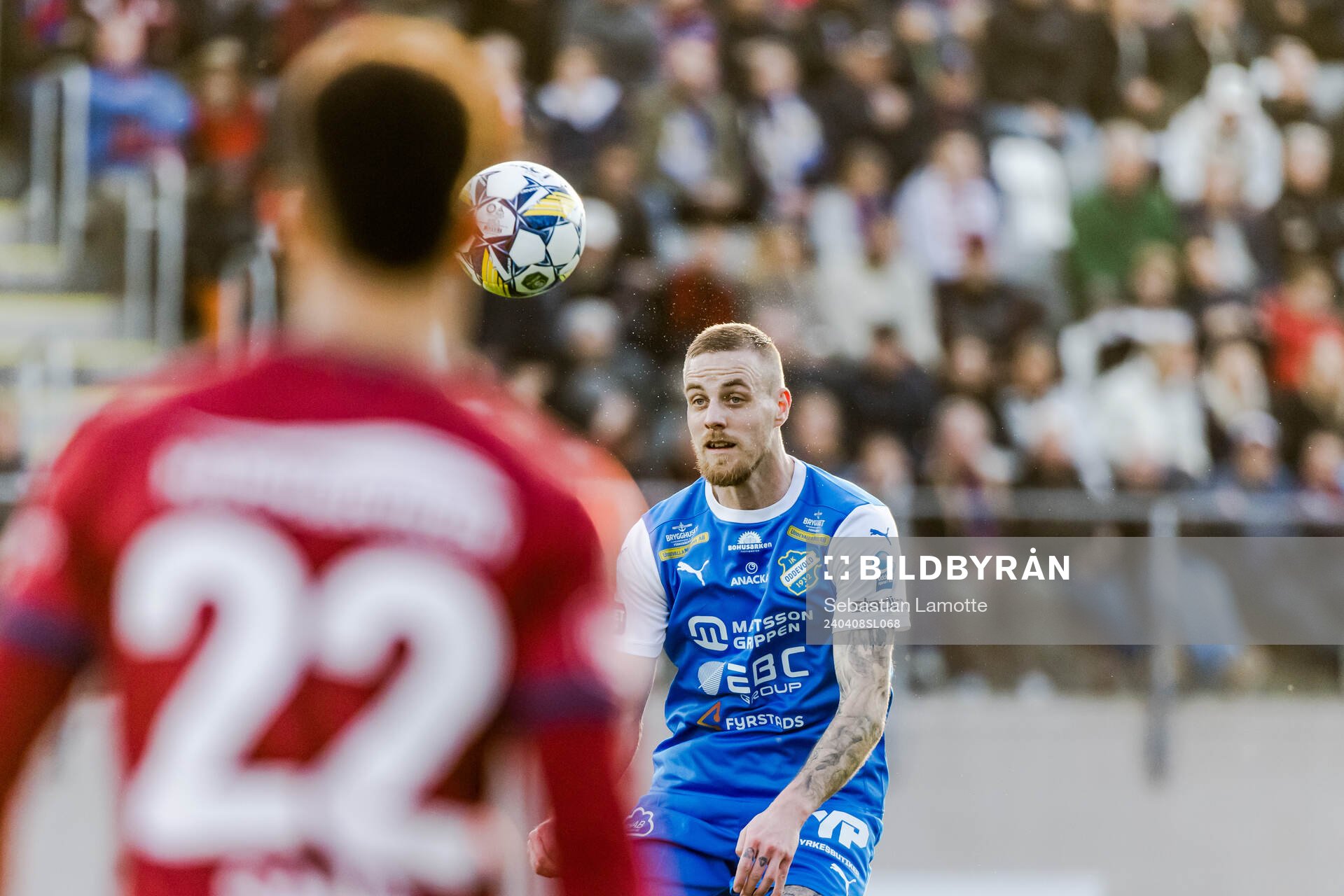 IK Oddevolds Filip Karlin under fotbollsmatchen i Superettan mellan IK Oddevold och Örgryte den 8 april 2024 i Uddevalla. 