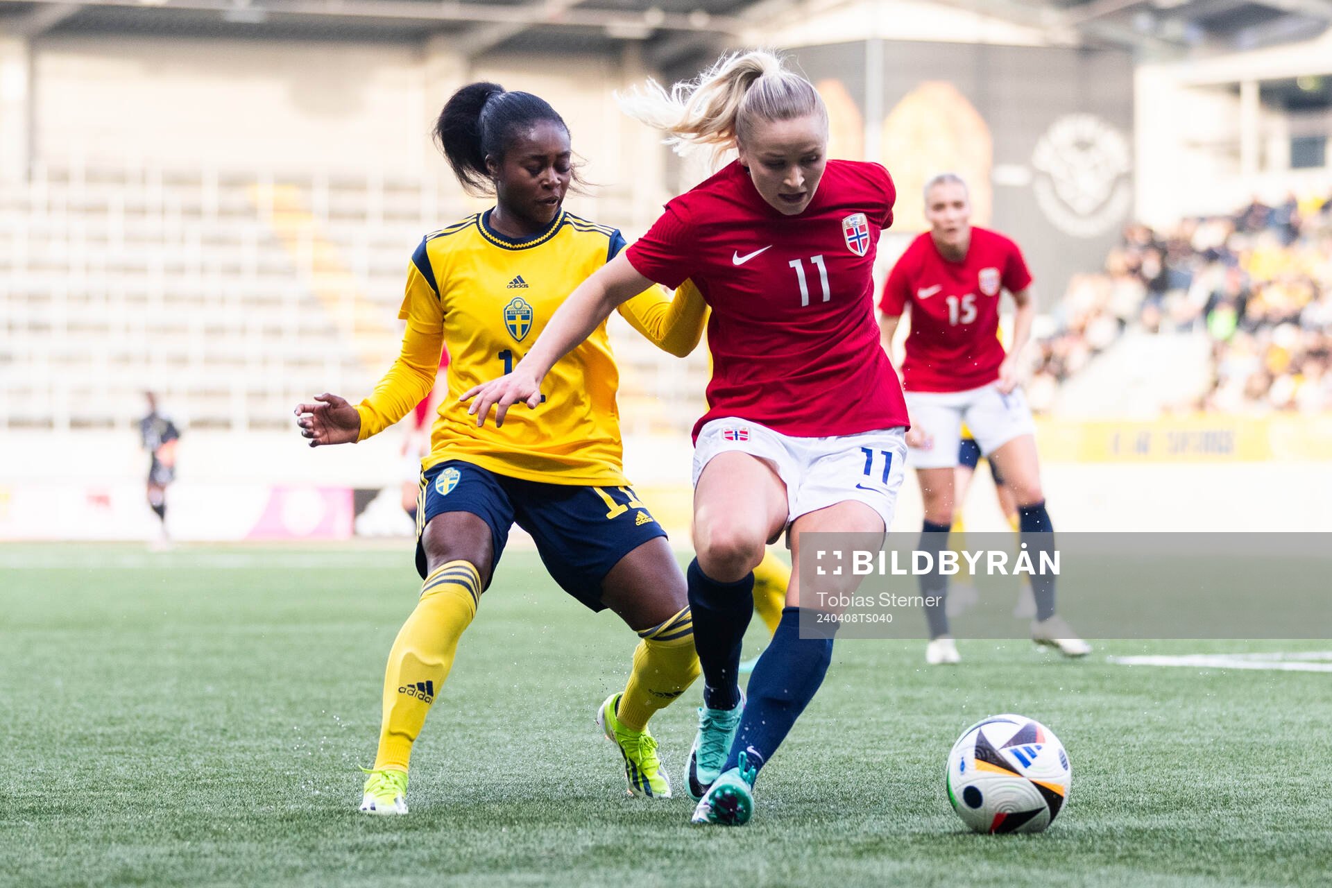 Monica Jusu Bah of Sweden and Anna Jøsendal of Norway during the under-23 international friendly football match between Sweden and Norway on April 8, 2024 in Gävle.