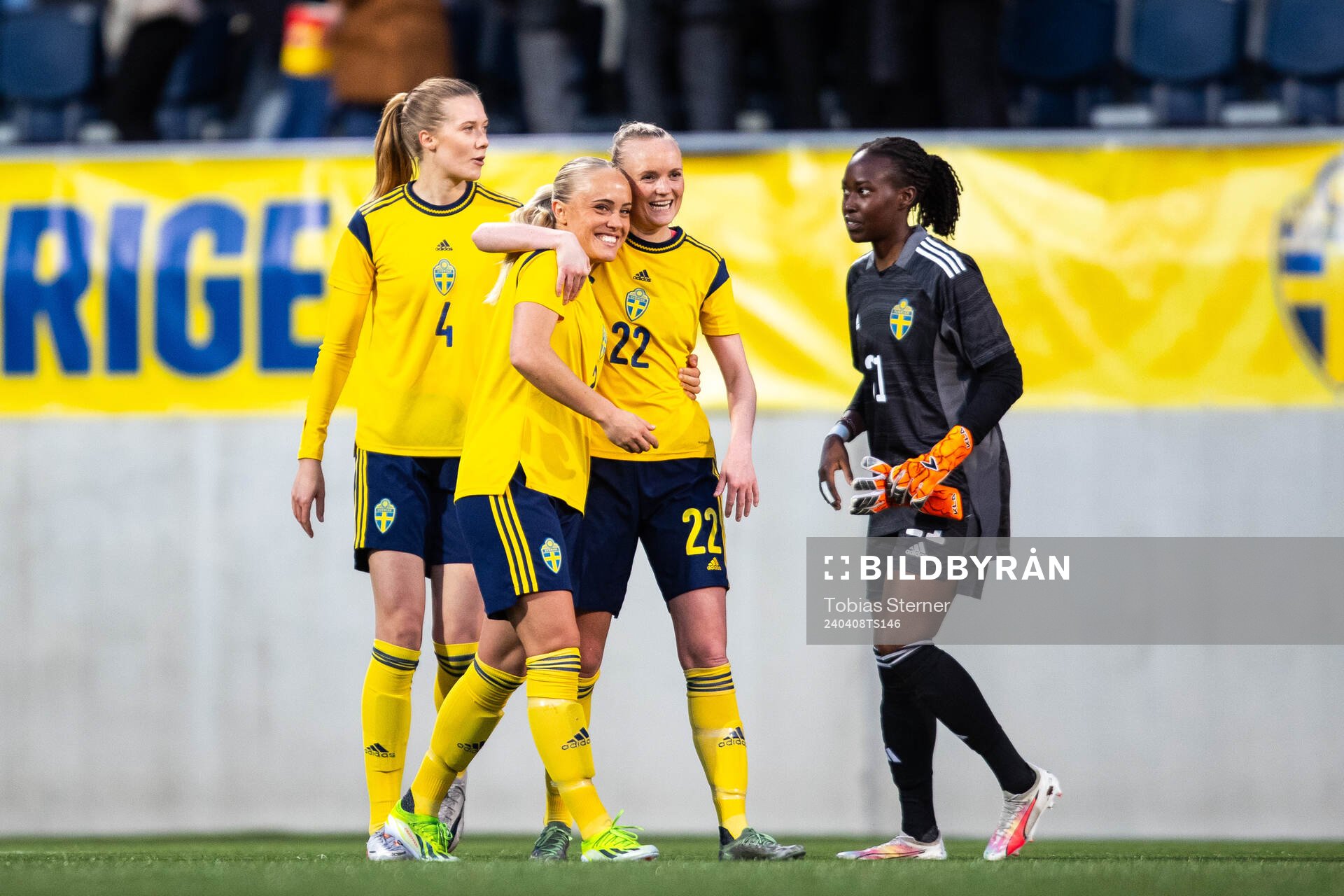 Alva Selerud and Emma Pennsäter of Sweden celebrate after the under-23 international friendly football match between Sweden and Norway on April 8, 2024 in Gävle.