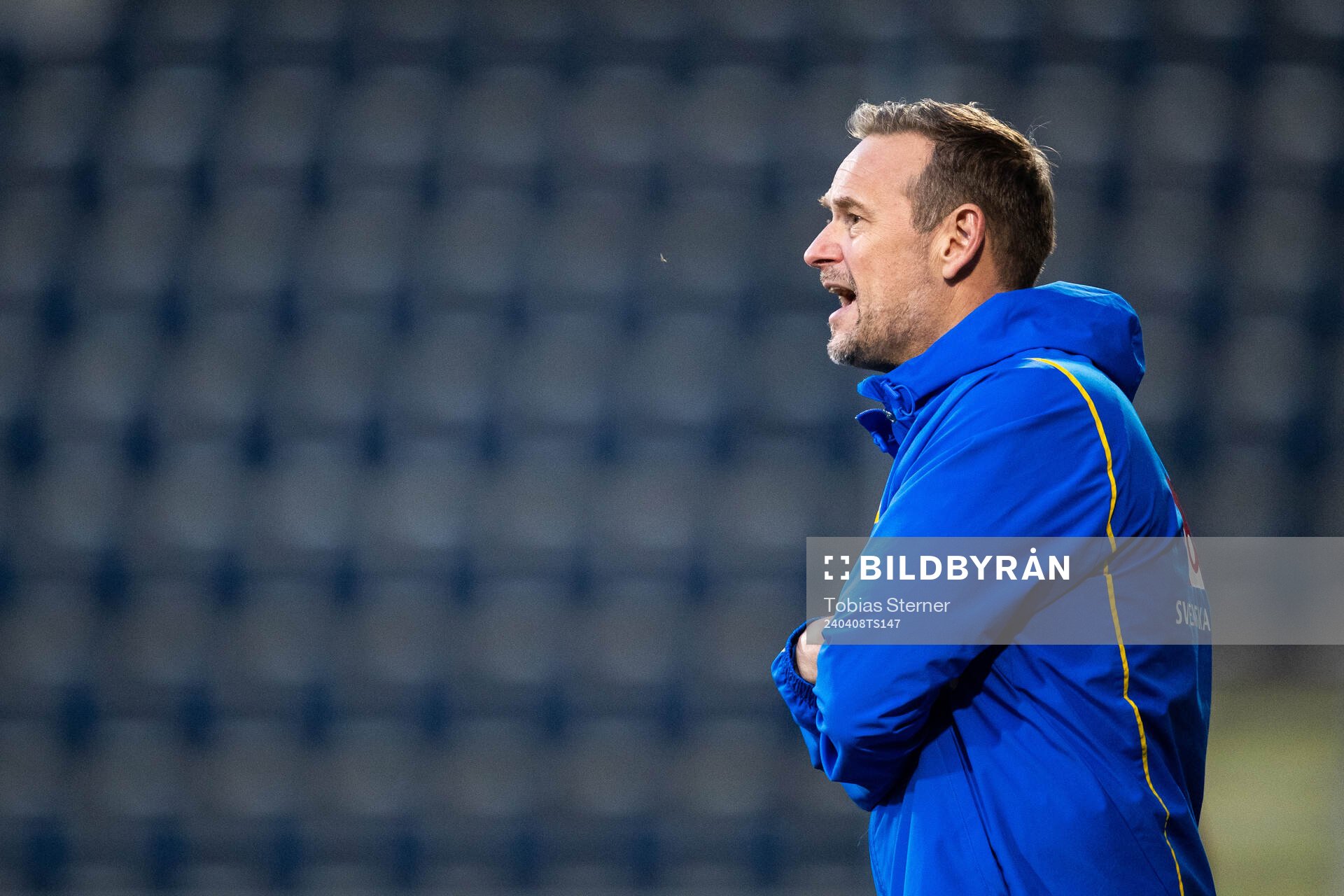 Head coach Martin Qwarmans Möller of Sweden during the under-23 international friendly football match between Sweden and Norway on April 8, 2024 in Gävle.