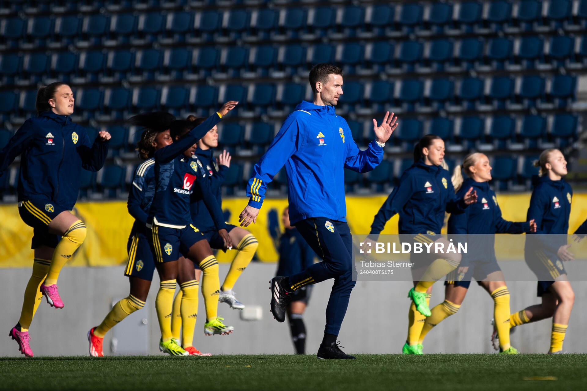 Physic coach Jonatan Berg and players of Sweden ahead of the under-23 international friendly football match between Sweden and Norway on April 8, 2024 in Gävle.