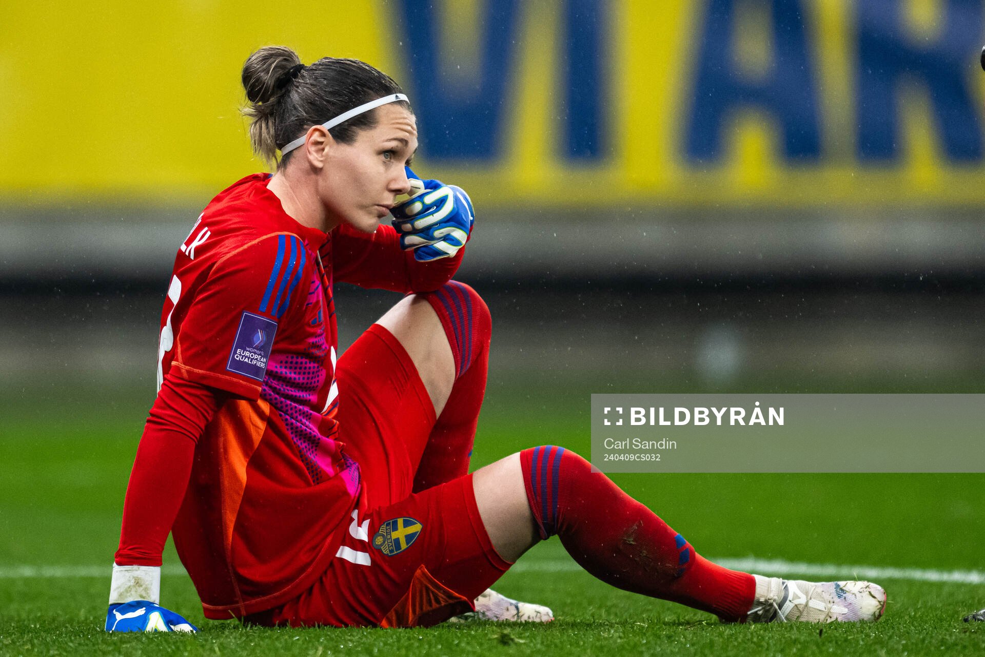 Goalkeeper Jennifer Falk of Sweden in pain