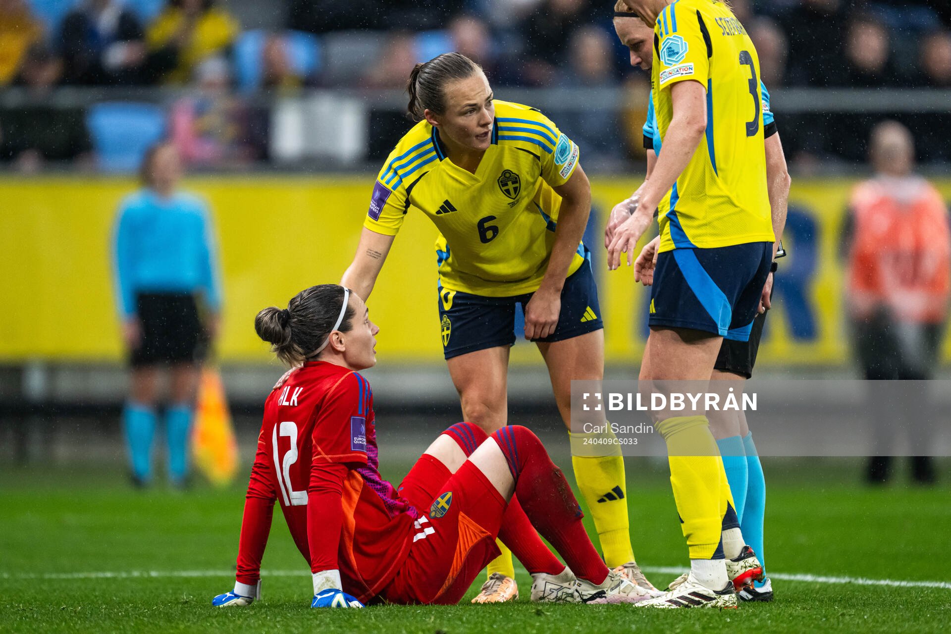 Goalkeeper Jennifer Falk of Sweden in pain