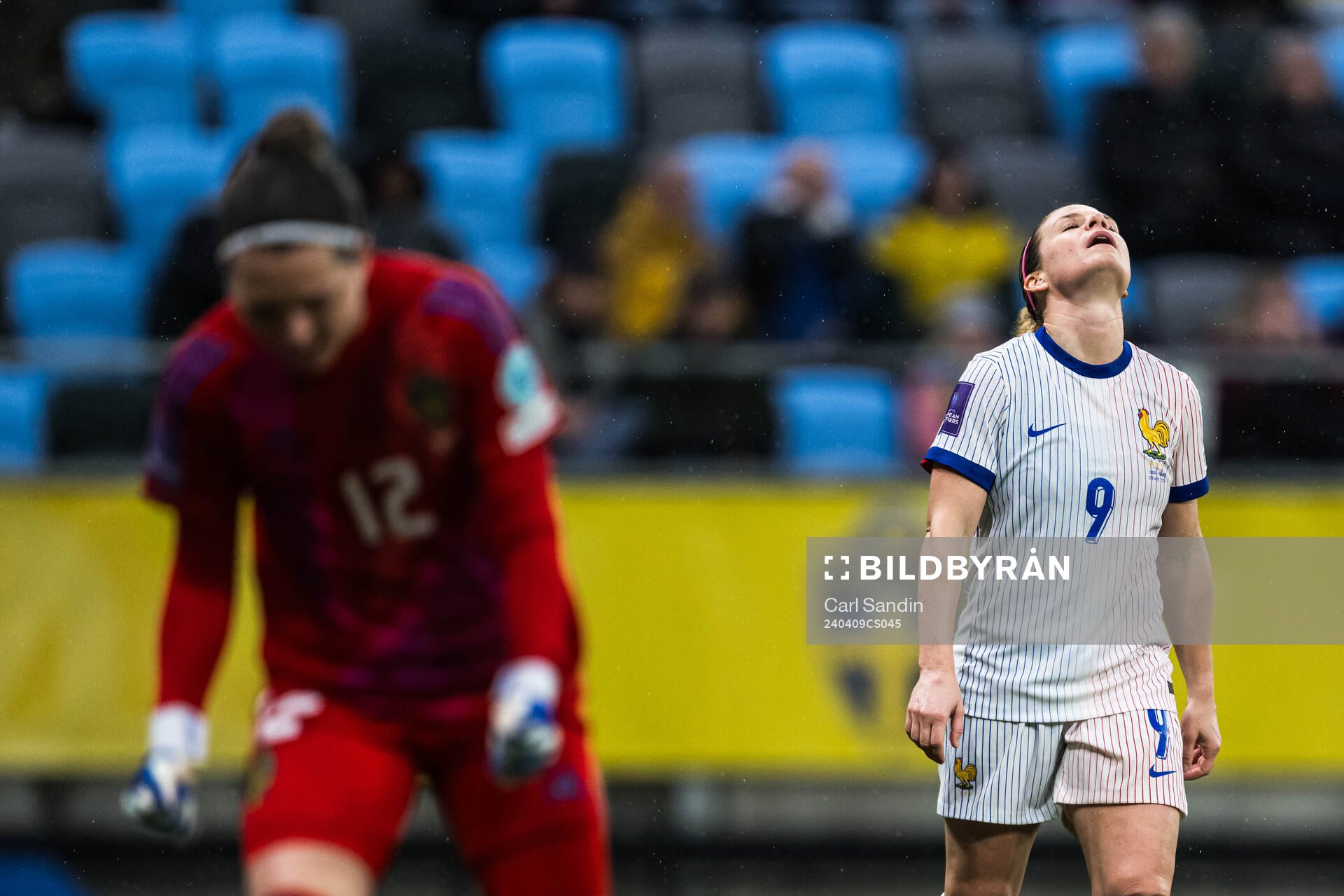 Eugénie Le Sommer of France reacts during the UEFA Women's Euro Qualifier football match between Sweden and France on April 9, 2024 in Gothenburg.