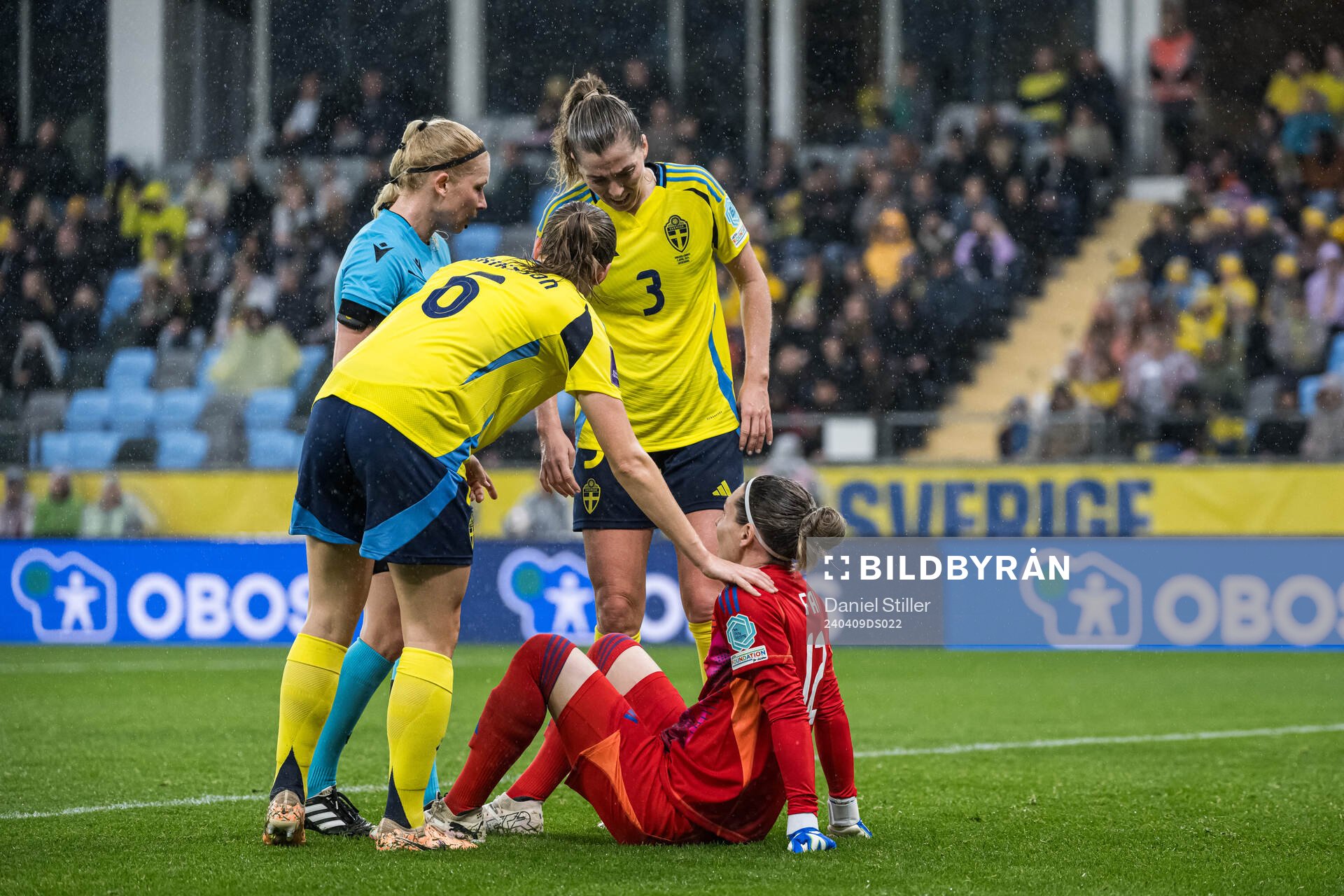 Goalkeeper Jennifer Falk of Sweden in pain