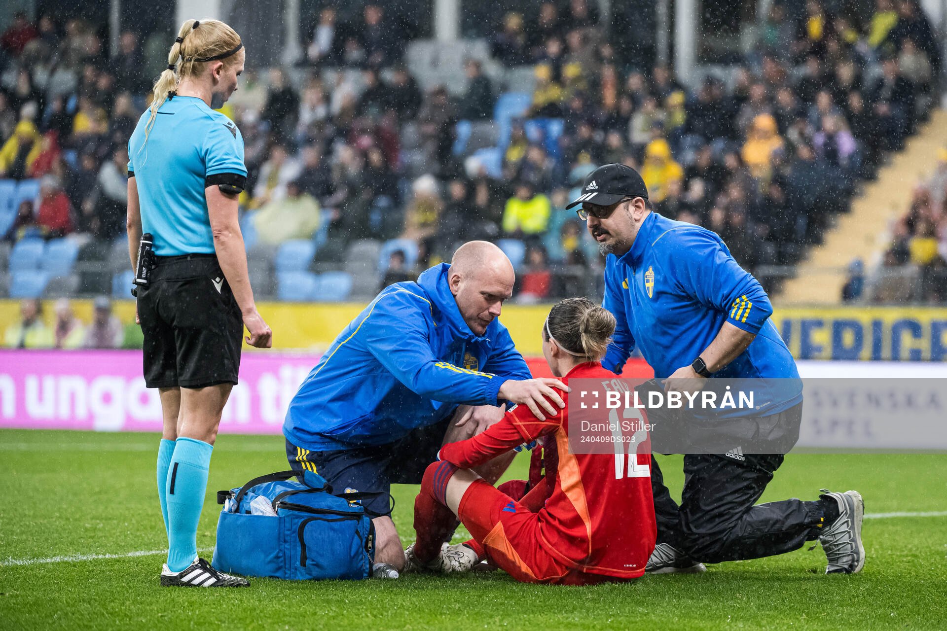 Goalkeeper Jennifer Falk of Sweden in pain