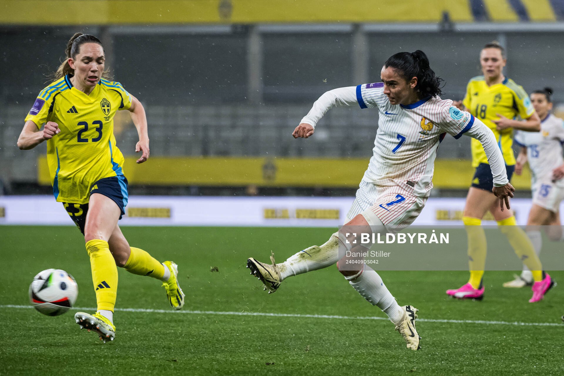 Elin Rubensson of Sweden and Sakina Karchaoui of France during the UEFA Women's Euro Qualifier football match between Sweden and France on April 9, 2024 in Gothenburg.