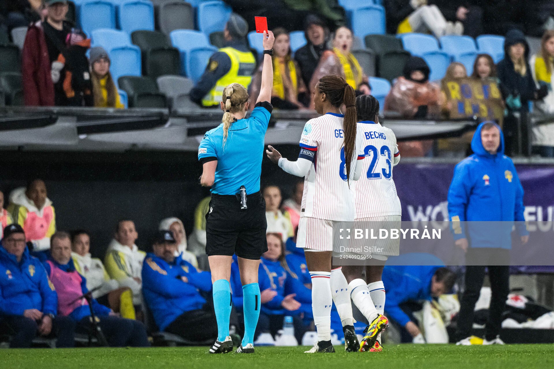 Vicki Becho of France receives a red card