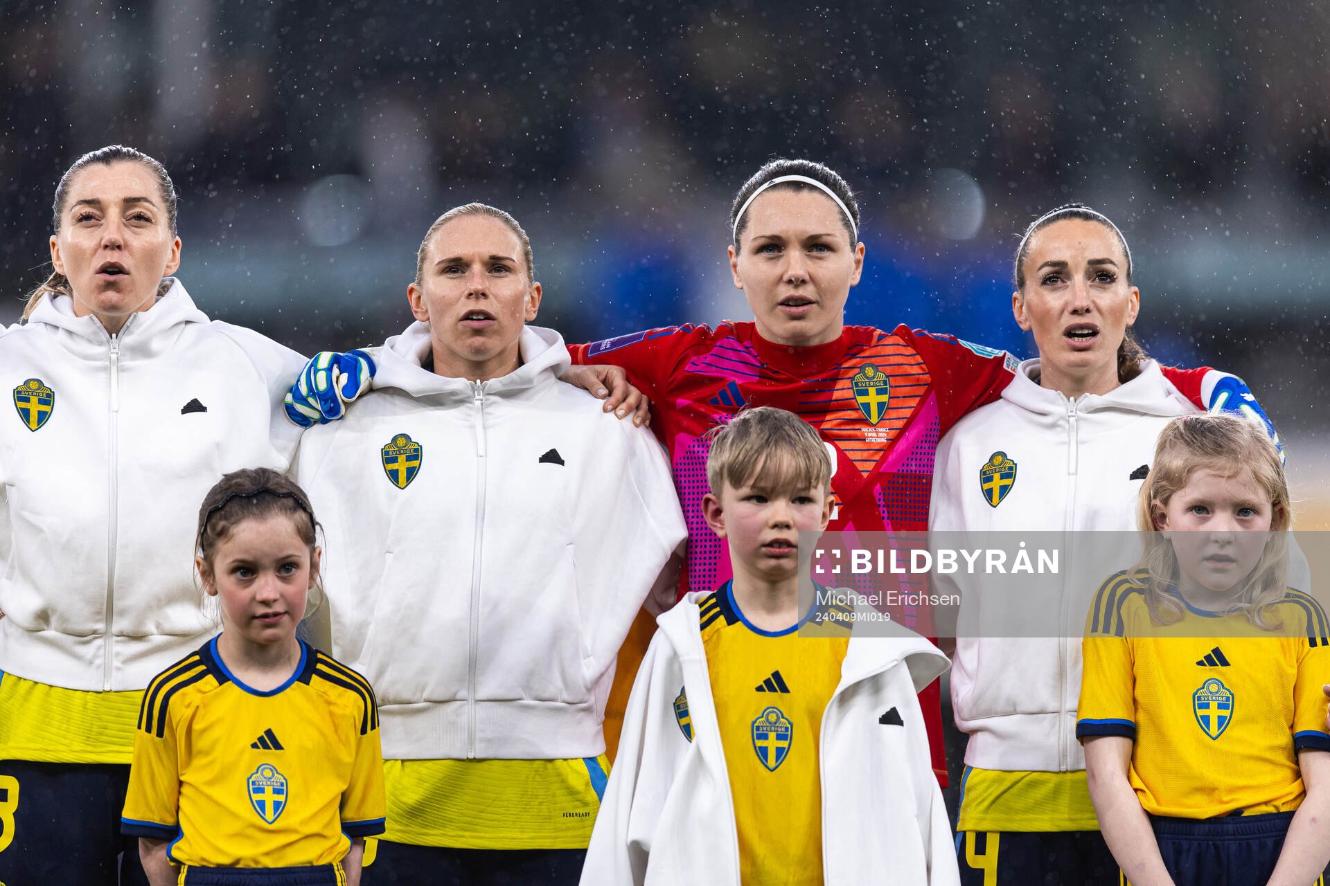 Linda Sembrant, Jonna Andersson, Jennifer Falk, and Kosovare Asllani of Sweden during the national anthem ahead of UEFA Women's Euro Qualifier football match between Sweden and France on April 9, 2024 in Gothenburg.