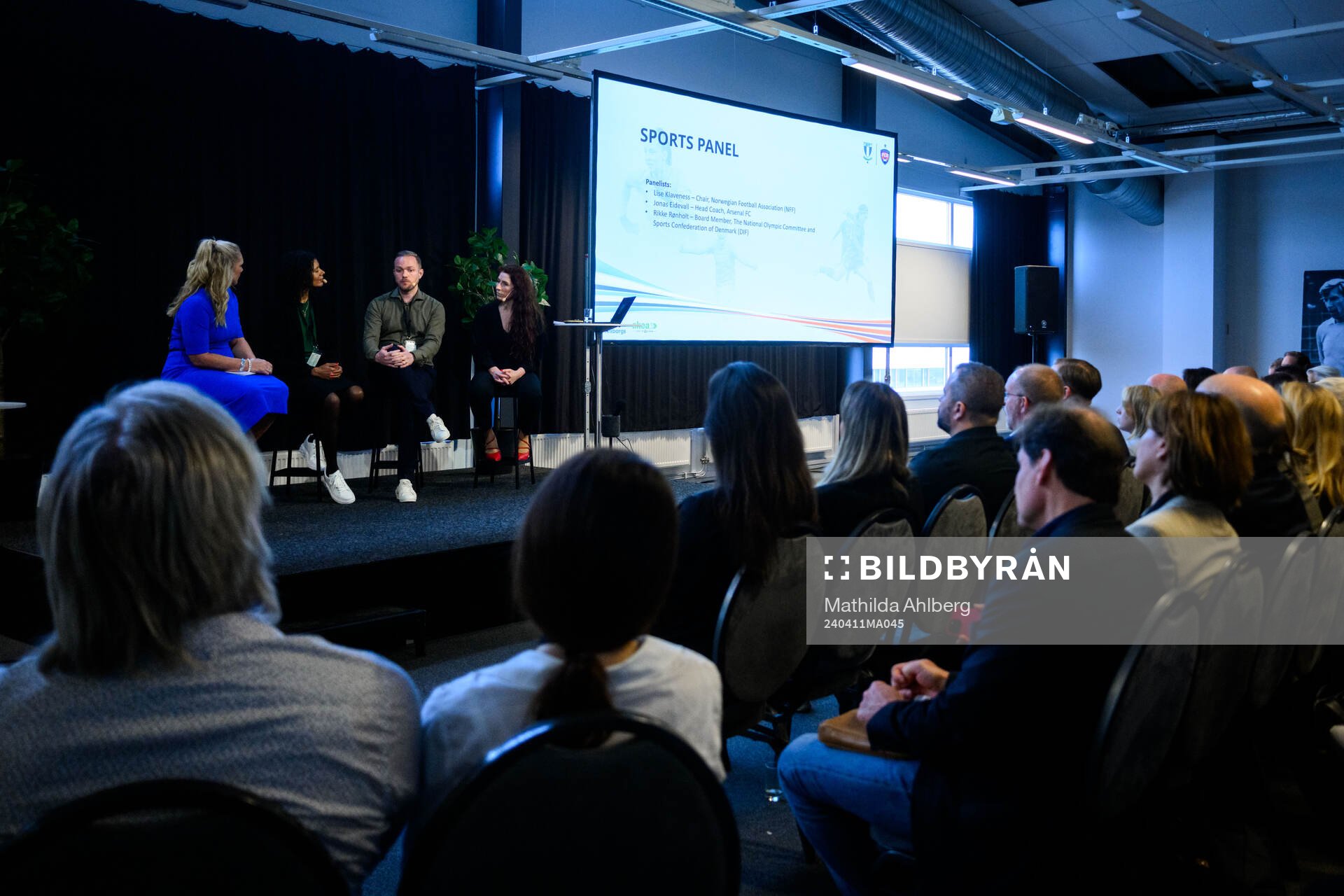 Rikke Rönholt, Board Member, the national Olympic Committee and sports Confederation of Denmark (DIF), Jonas Eidevall, Head Coach of Arsenal FC and Lise Klaveness, president of the Norwegian Football Association (NFF) during the event Elevation 2024 on April 11, 2024 in Malmö.