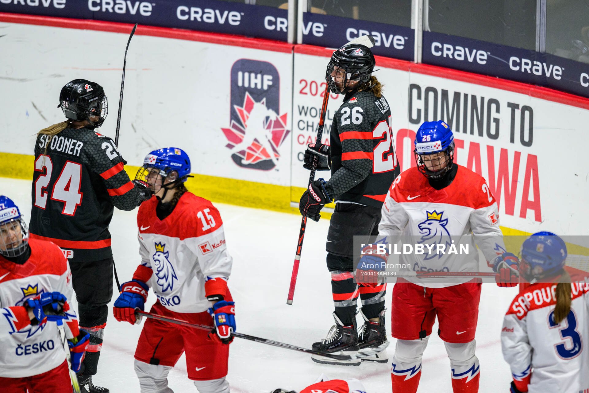 Emily Clark of Canada celebrates scoring 3-0