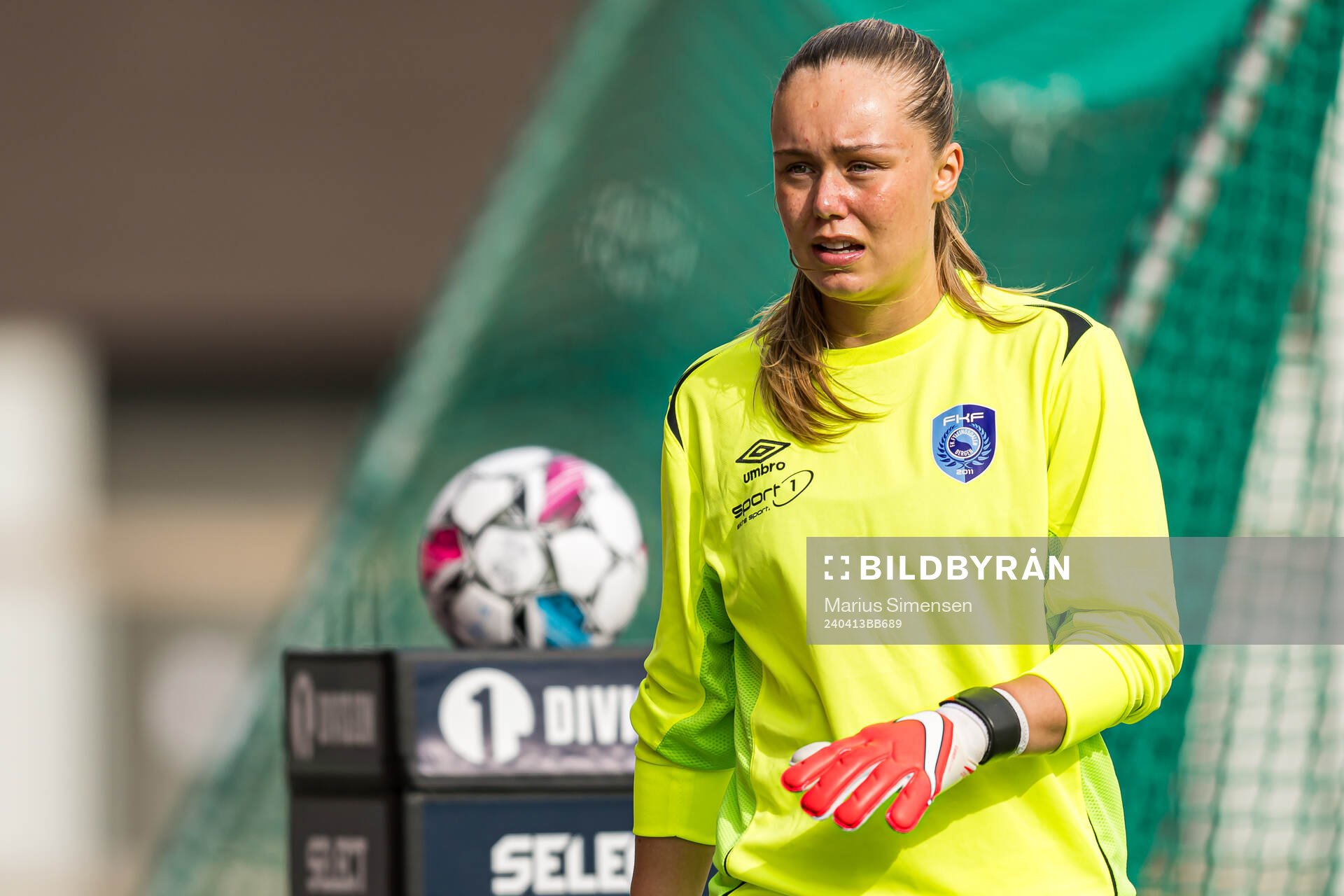 Sandra Rød Ask of Fyllingsdalen during the 1. division football match between Hønefoss and Fyllingsdalen on April 13, 2024 in Hønefoss.