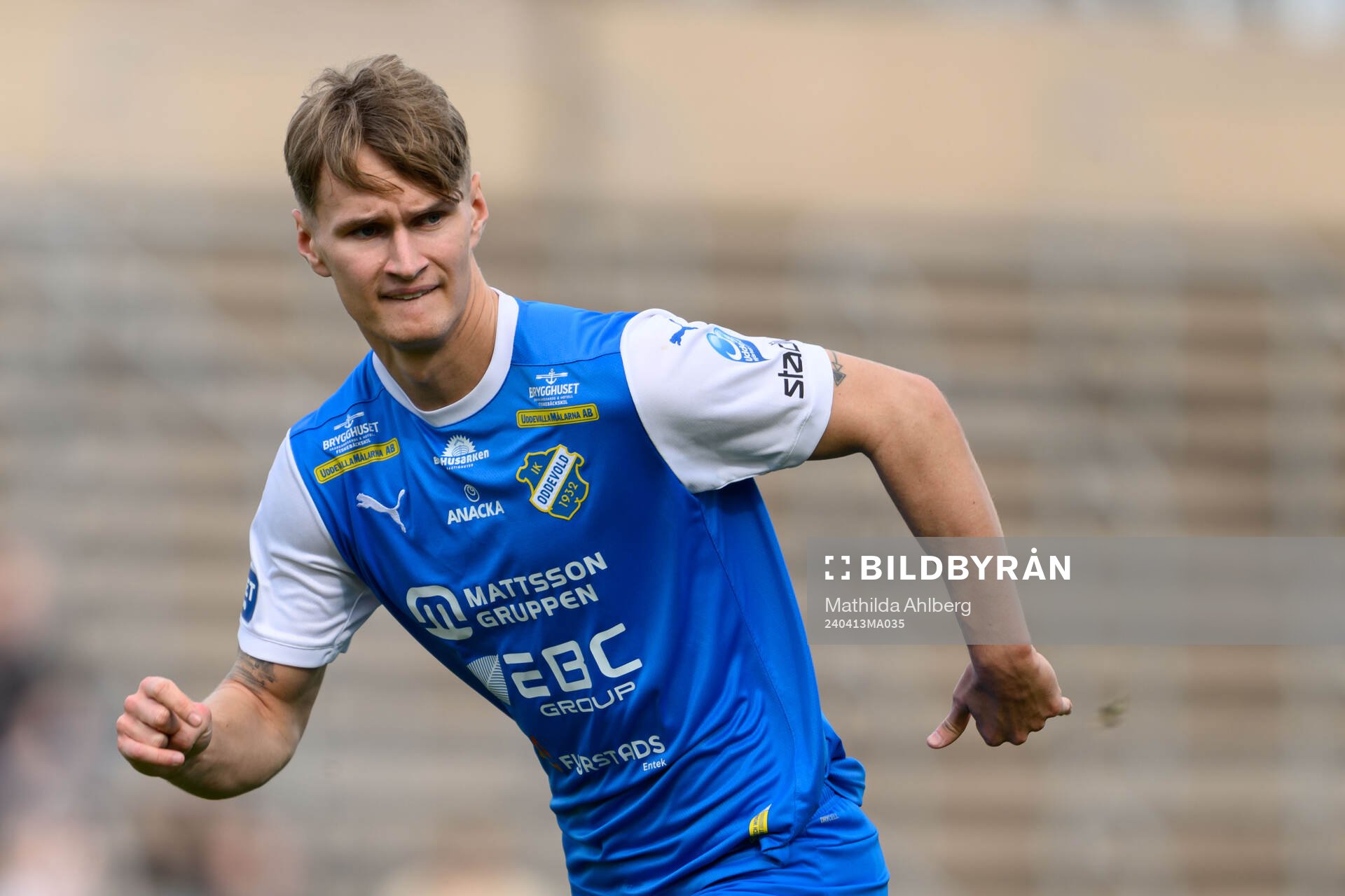 IK Oddevolds Alexander Almqvist under fotbollsmatchen i Superettan mellan Landskrona och IK Oddevold den 13 april 2024 i Landskrona. 