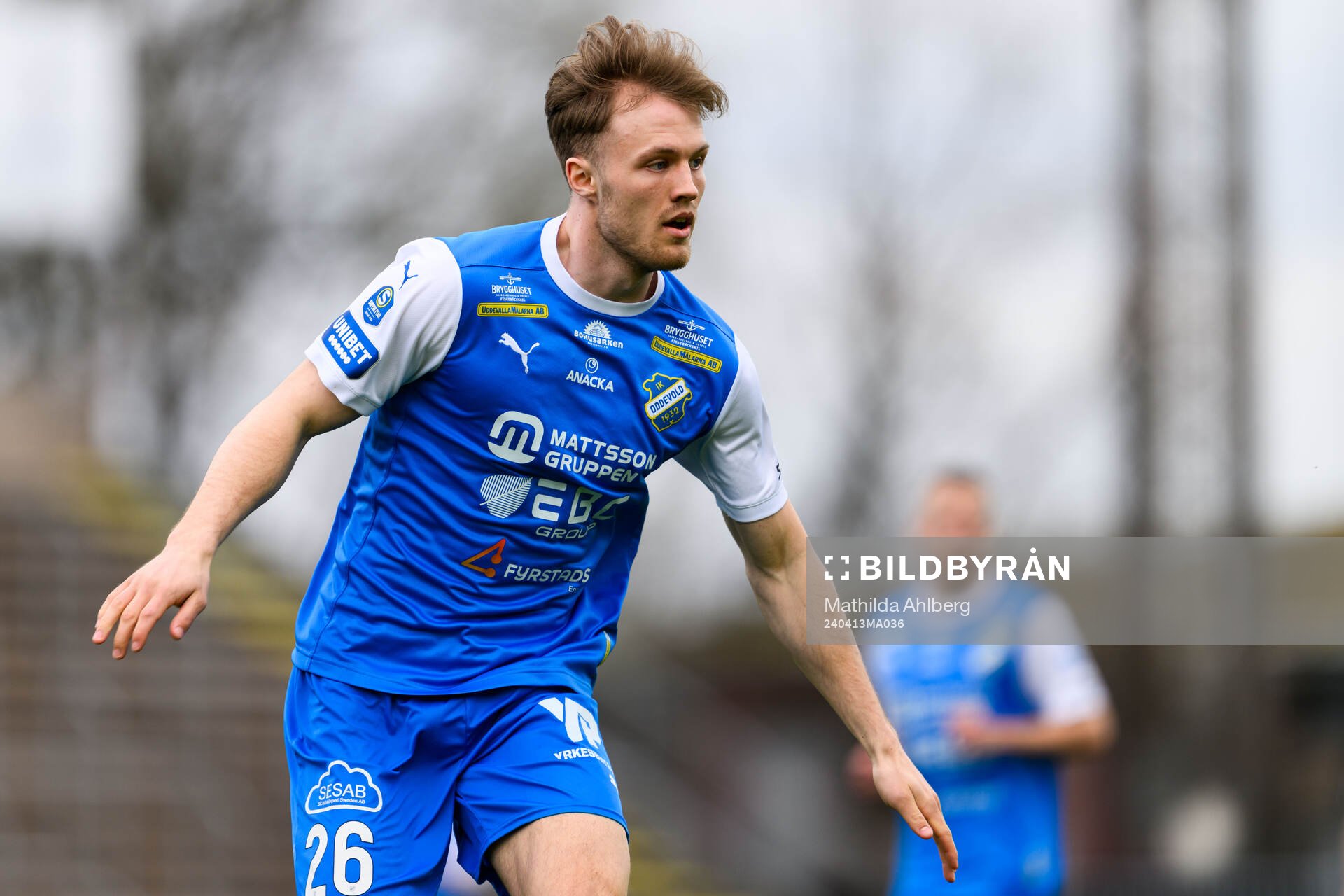 IK Oddevolds Gabriel Sandberg under fotbollsmatchen i Superettan mellan Landskrona och IK Oddevold den 13 april 2024 i Landskrona. 