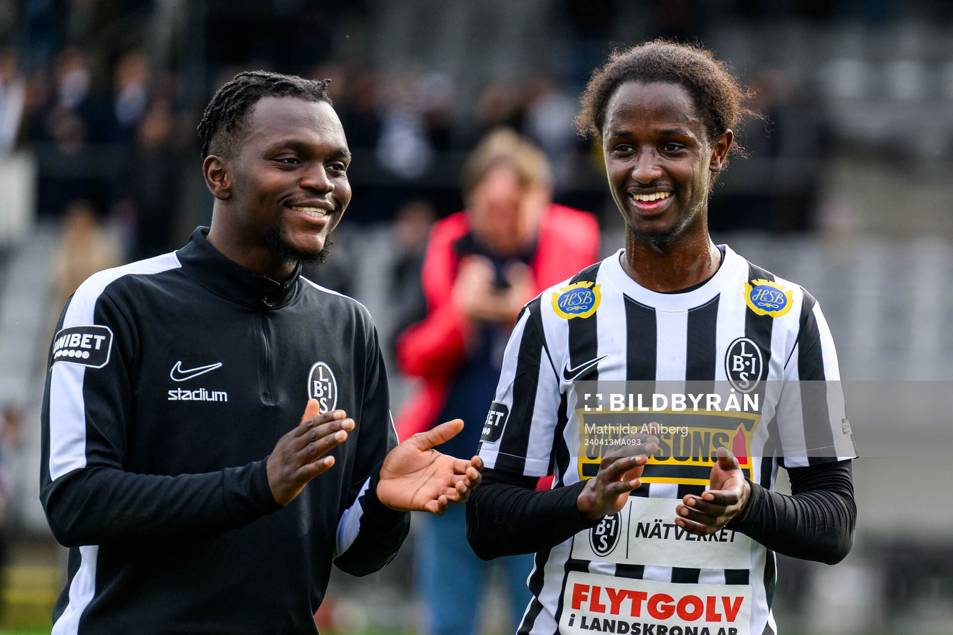 Landskronas Kofi Asare och Max'Med Omar Mohamed efter fotbollsmatchen i Superettan mellan Landskrona och IK Oddevold den 13 april 2024 i Landskrona.