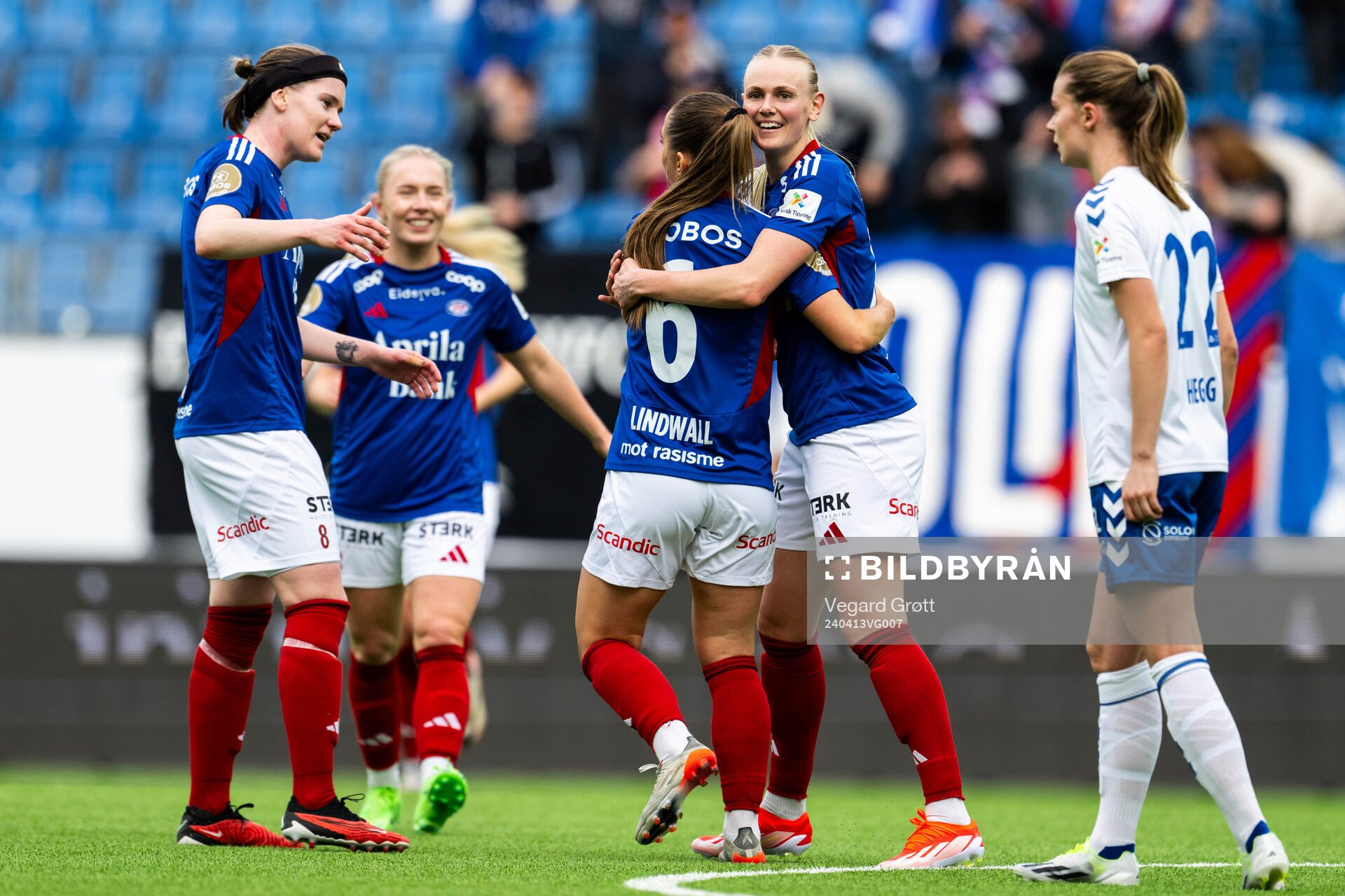 Tilde Lindwall of Vålerenga celebrates with teammate Karina Sævik after scoring 3-0 during the Toppserien football match between Vålerenga and Kolbotn on April 13, 2024 in Oslo.