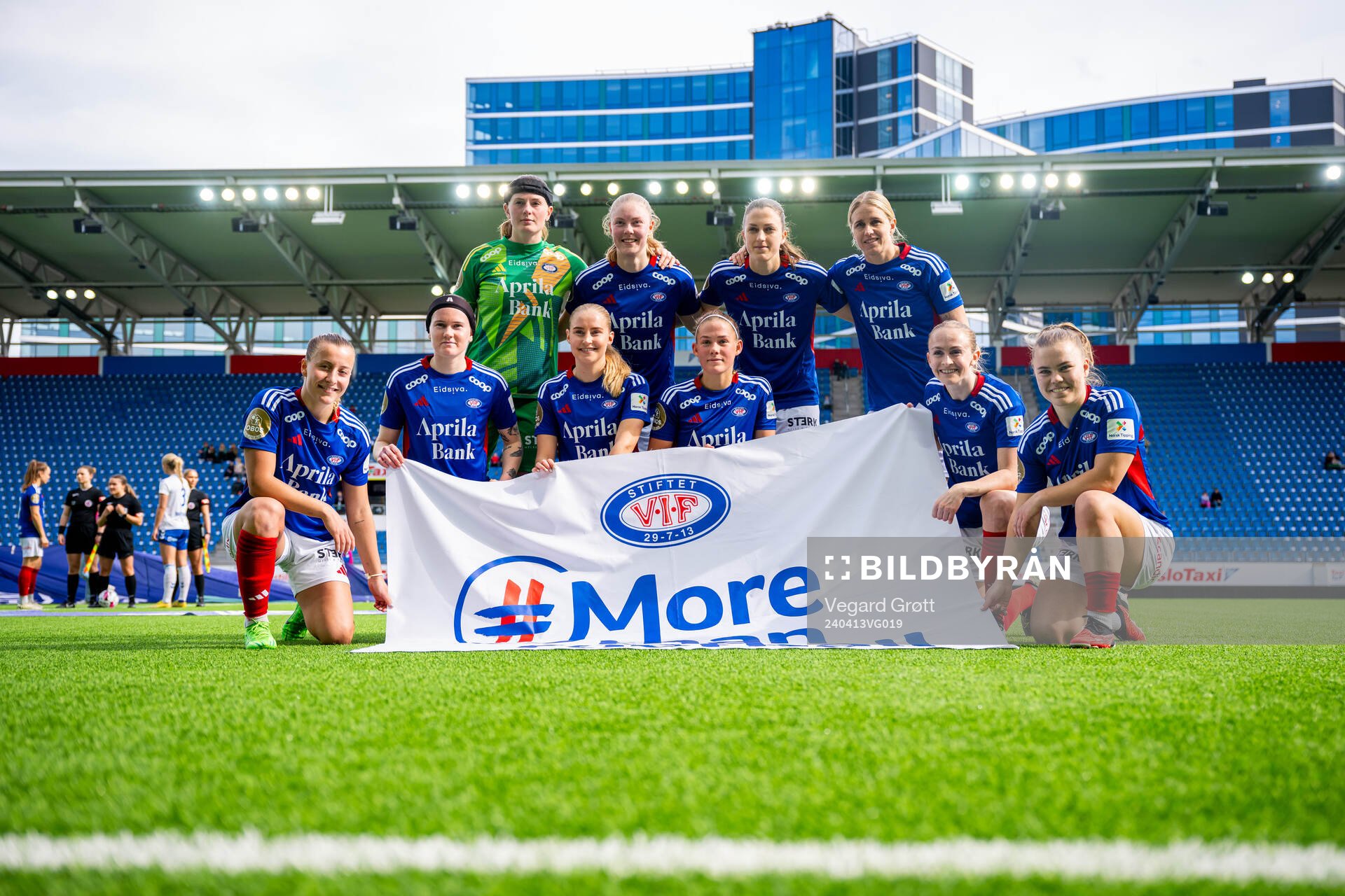 The starting eleven of Vålerenga pose for a team photo ahead of the Toppserien football match between Vålerenga and Kolbotn on April 13, 2024 in Oslo. Top left: goalkeeper Tove Enblom, Tuva Lotte Leschbrandt Espås, Emma Stølen Godø and Elise Thorsnes. Front left: Stine Brekken, Linn Vickius, Iselin Sandnes Olsen, Sædis Run Heidarsdottir, Michaela Kovacs and Olaug Tvedten.