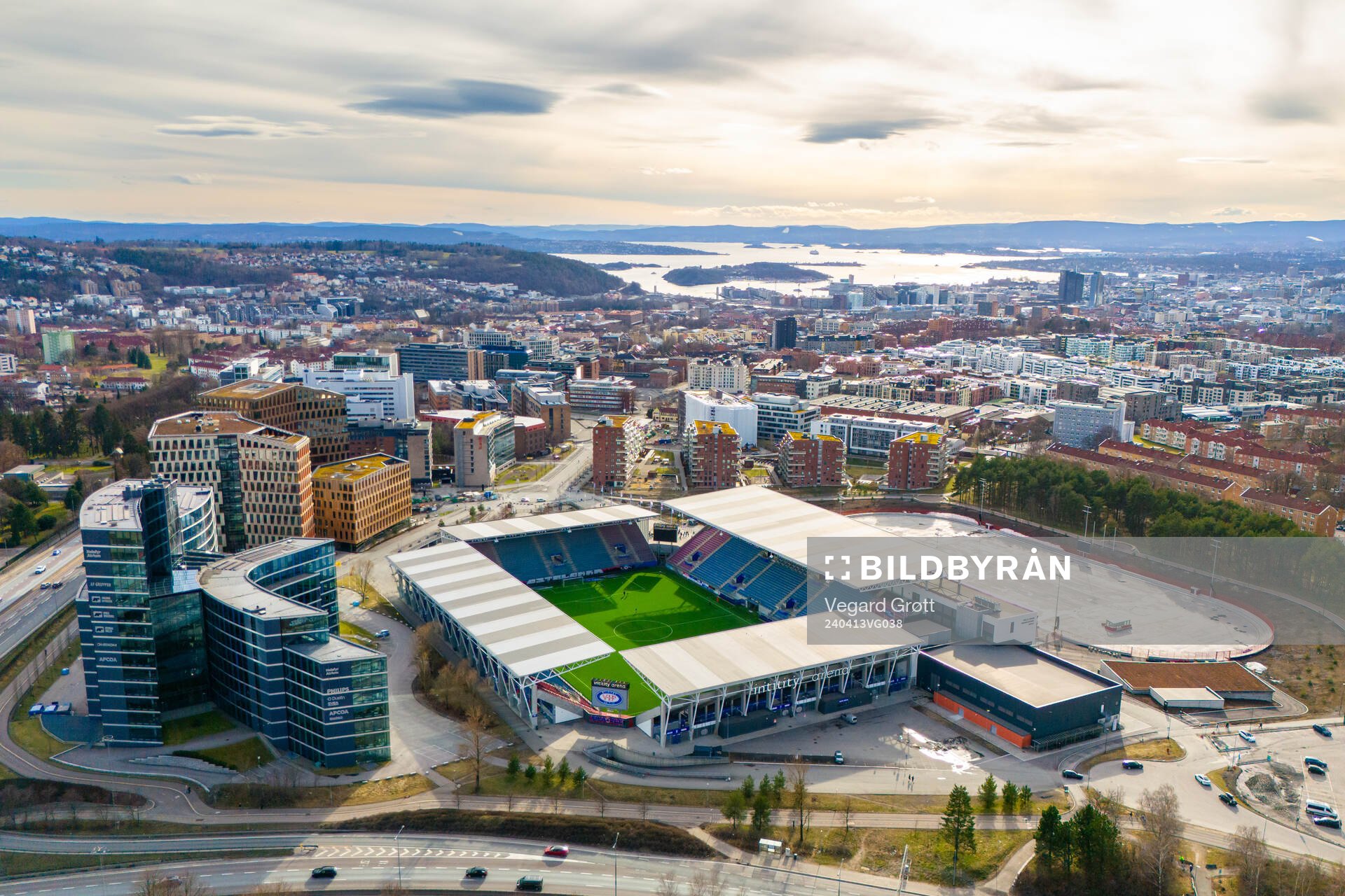 General exterior view of Intility Arena after the Toppserien football match between Vålerenga and Kolbotn on April 13, 2024 in Oslo. 