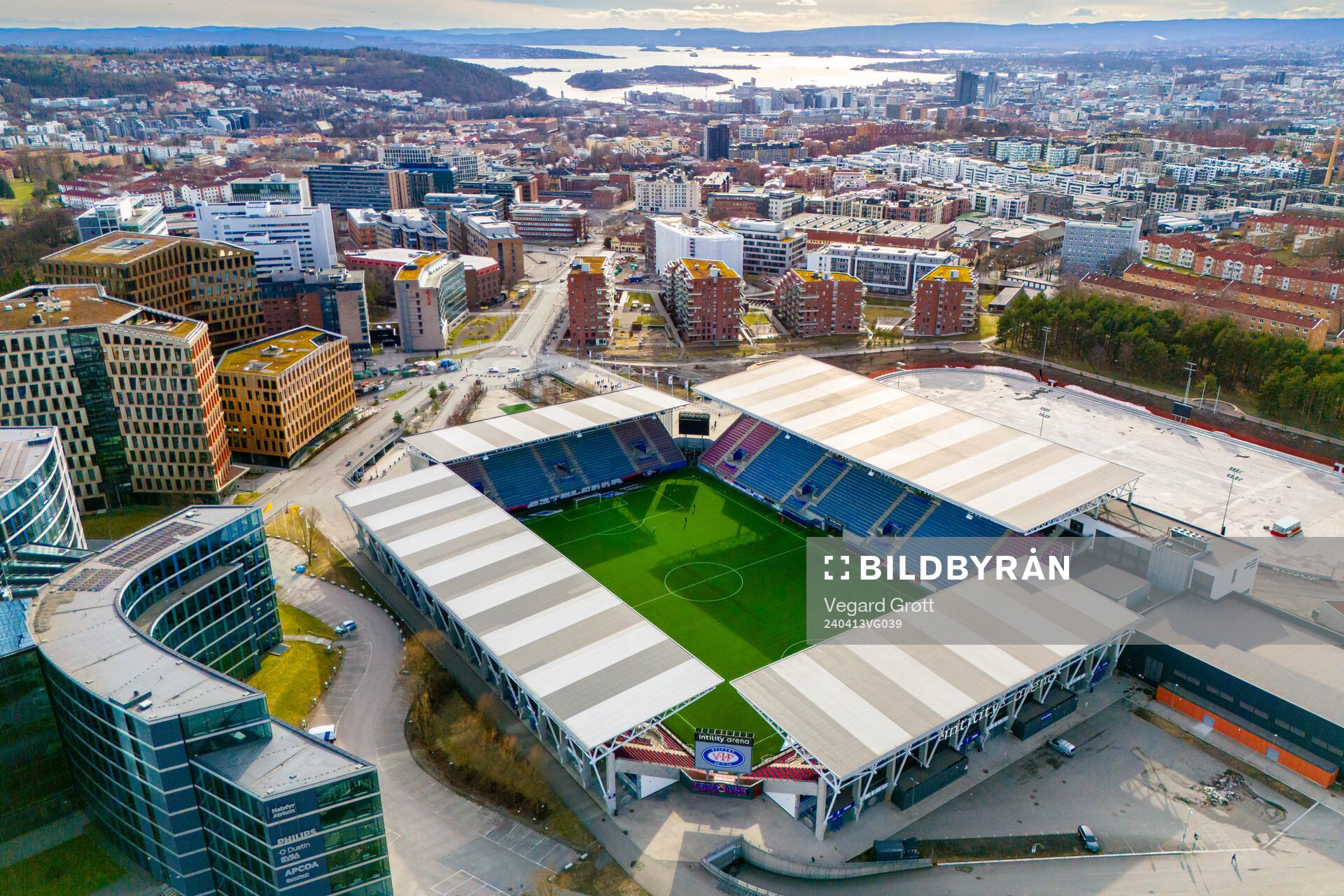 General exterior view of Intility Arena after the Toppserien football match between Vålerenga and Kolbotn on April 13, 2024 in Oslo. 
