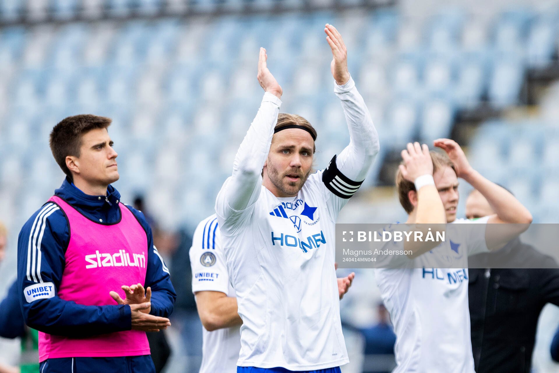 IFK Norrköpings Christoffer Nyman jublar efter fotbollsmatchen i Allsvenskan mellan IFK Norrköping och GAIS den 14 april 2024 i Norrköping.
