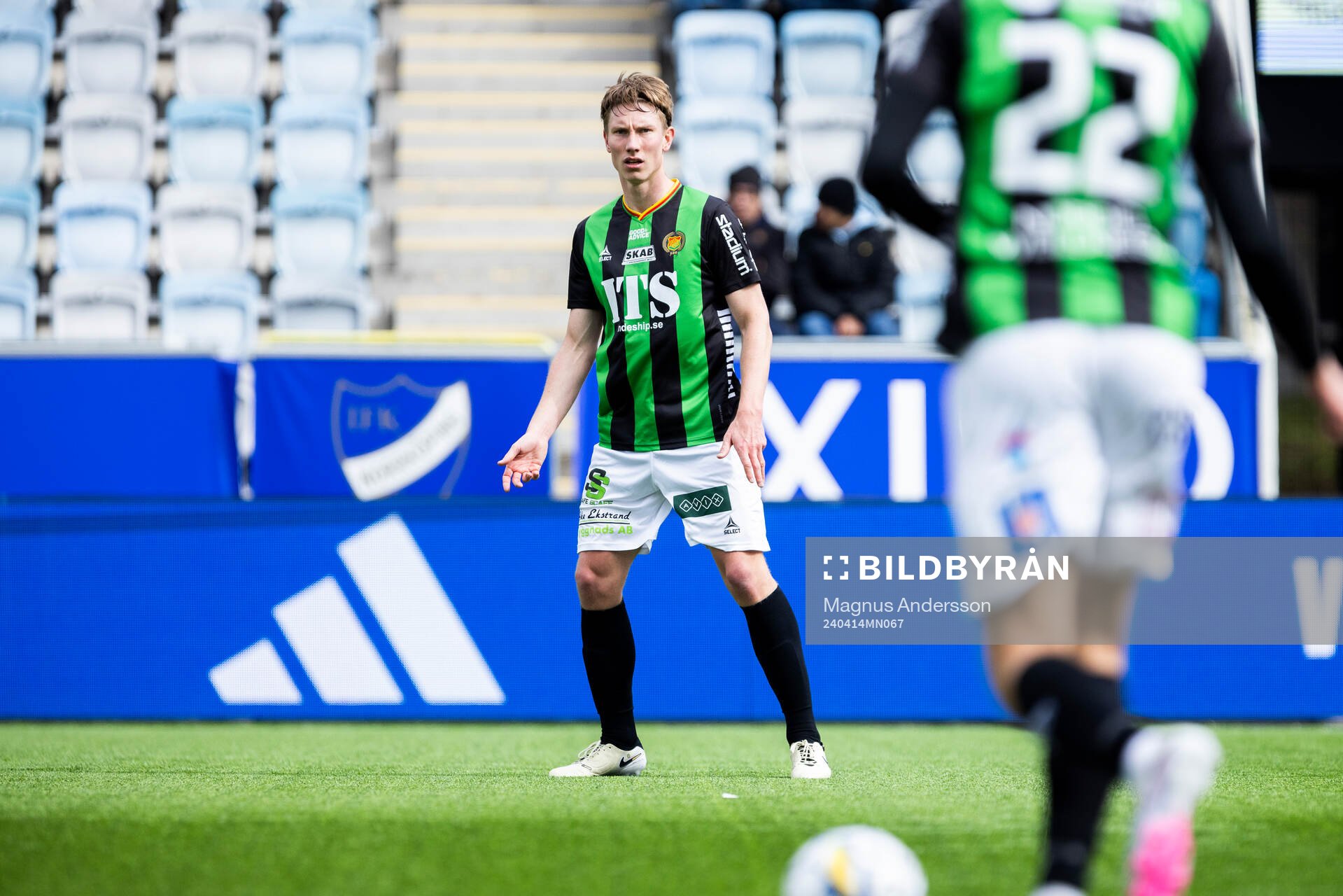 GAISs Robin Frej under fotbollsmatchen i Allsvenskan mellan IFK Norrköping och GAIS den 14 april 2024 i Norrköping. 