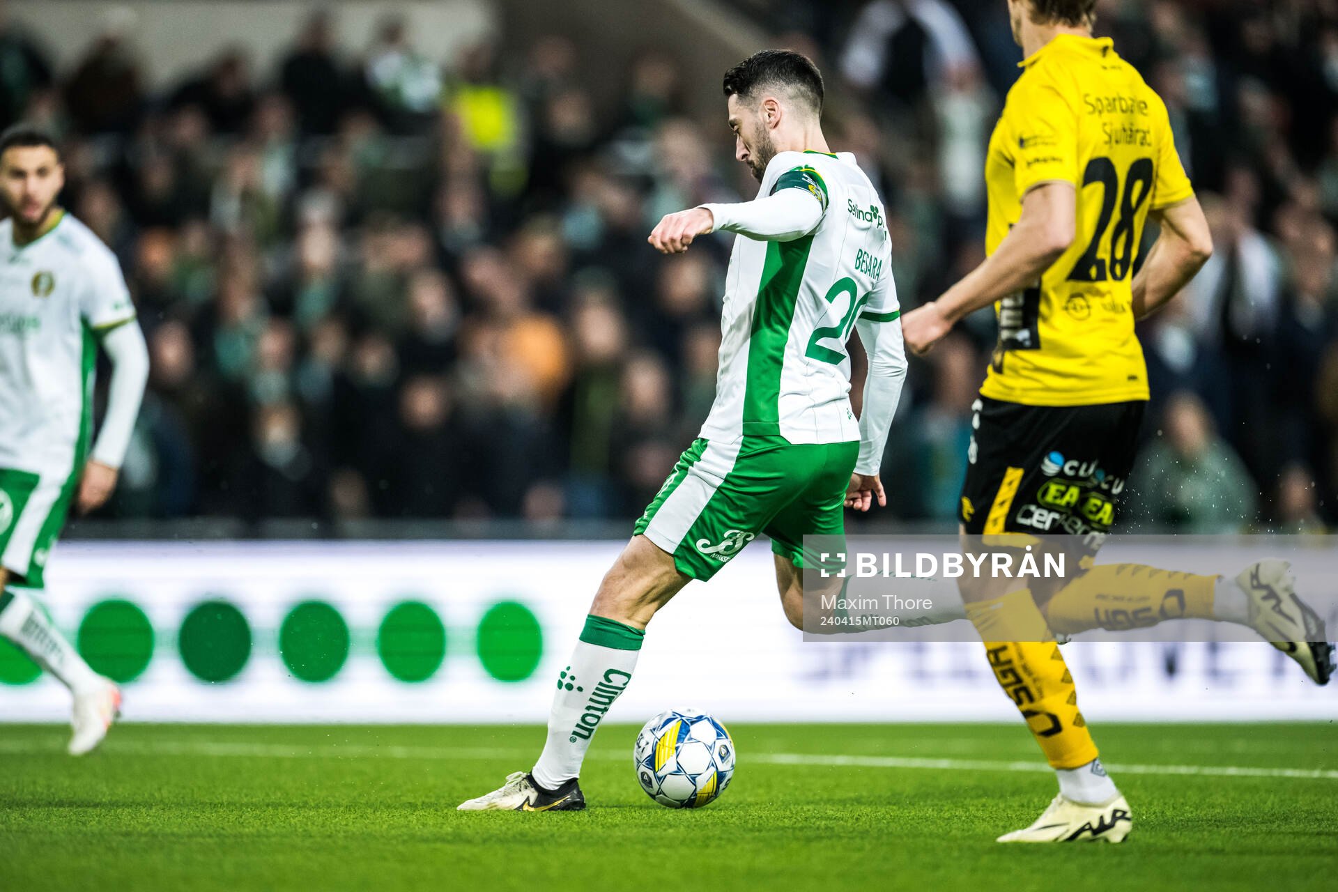 Hammarbys Nahir Besara gör 1-0 under fotbollsmatchen i Allsvenskan mellan Hammarby och Elfsborg den 15 april 2024 i Stockholm. 
