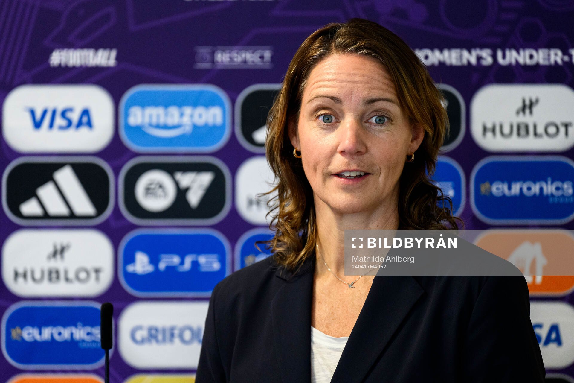 Lovisa Delby, head coach of Sweden, at a press conference ahead of the UEFA Under-17 on April 17, 2024 in Malmö.
