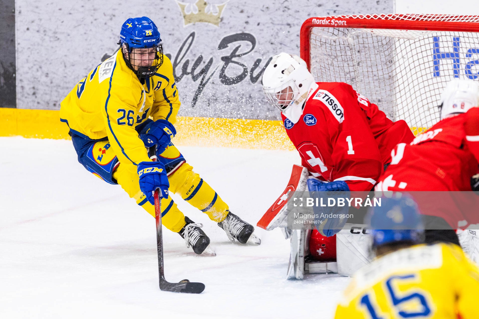Eric Nilsson of Sweden and goaltender Matia Birchler of