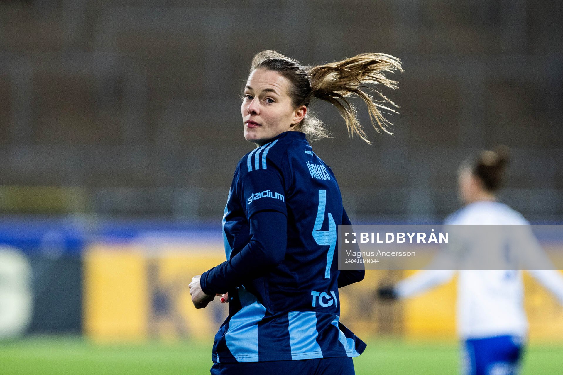 Djurgårdens Ina Vårhus under fotbollsmatchen i Damallsvenskan mellan IFK Norrköping och Djurgården den 19 april 2024 i Norrköping.