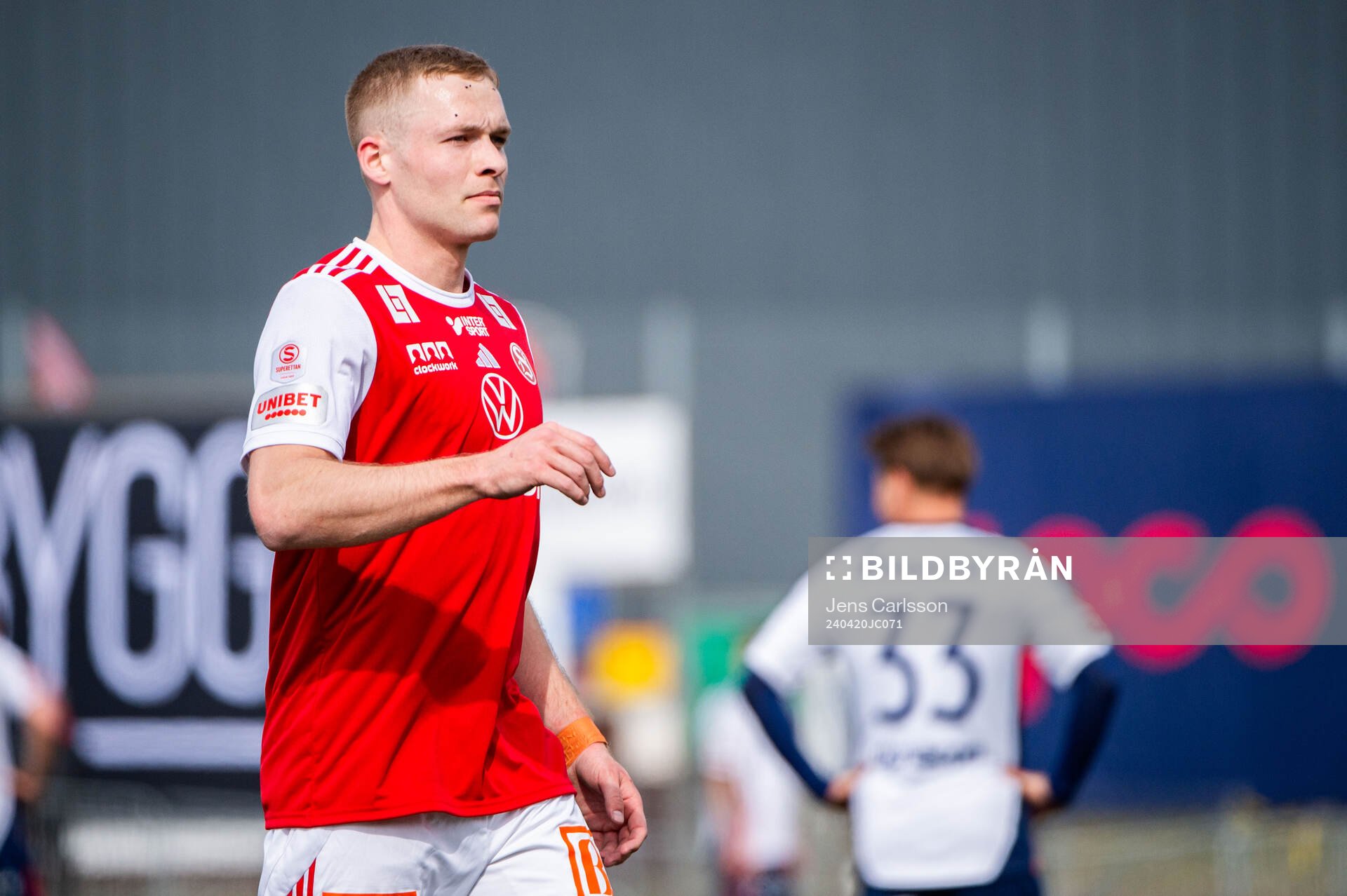 Sandvikens James Joseph Kirby under fotbollsmatchen i Superettan mellan Sandviken och Öster den 20 april 2024 i Sandviken. 