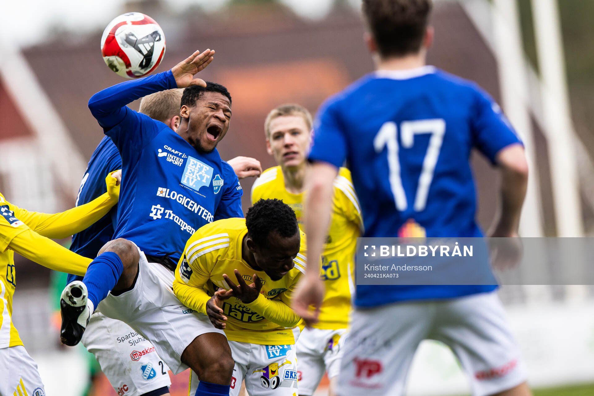 Norrbys Prince Amos under fotbollsmatchen i Ettan södra mellan Falkenberg och Norrby den 21 april 2024 i Falkenberg. 
