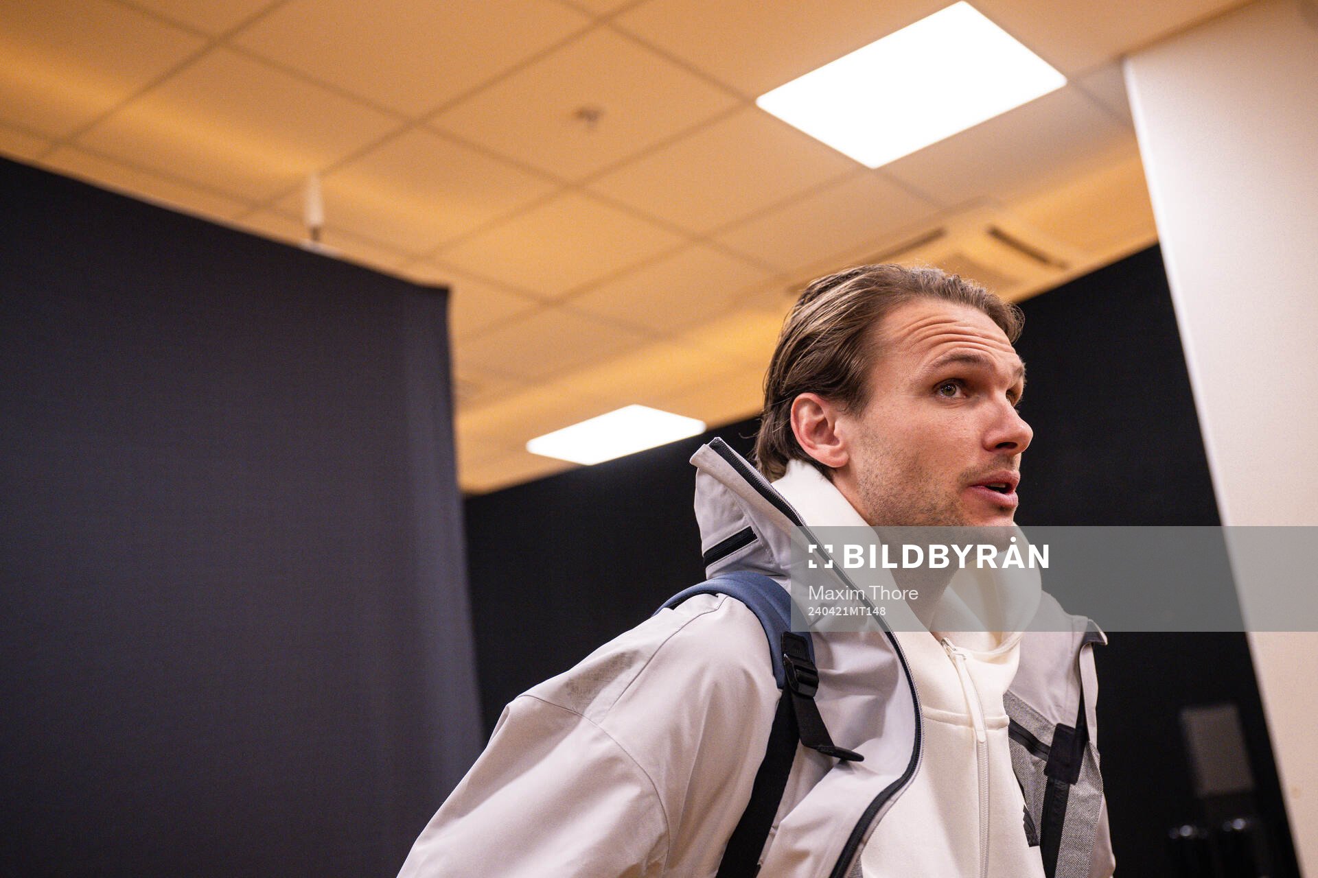 Djurgårdens Albin Ekdal i den mixade zonen efter fotbollsmatchen i Allsvenskan mellan AIK och Djurgården den 21 april 2024 i Stockholm. 