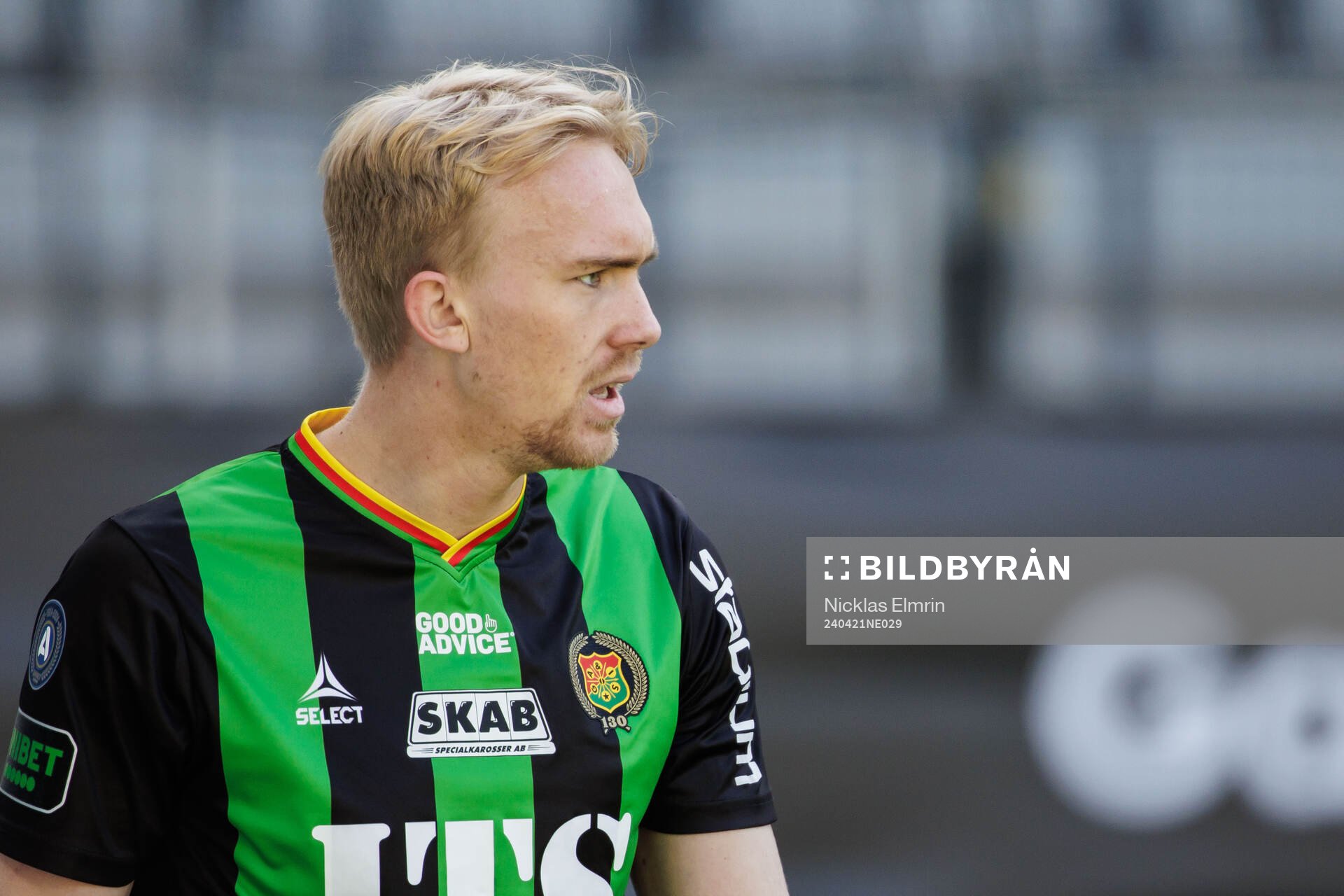 GAISs Robin Wendin Thomasson under fotbollsmatchen i Allsvenskan mellan GAIS och Mjällby den 21 april 2024 i Göteborg. 