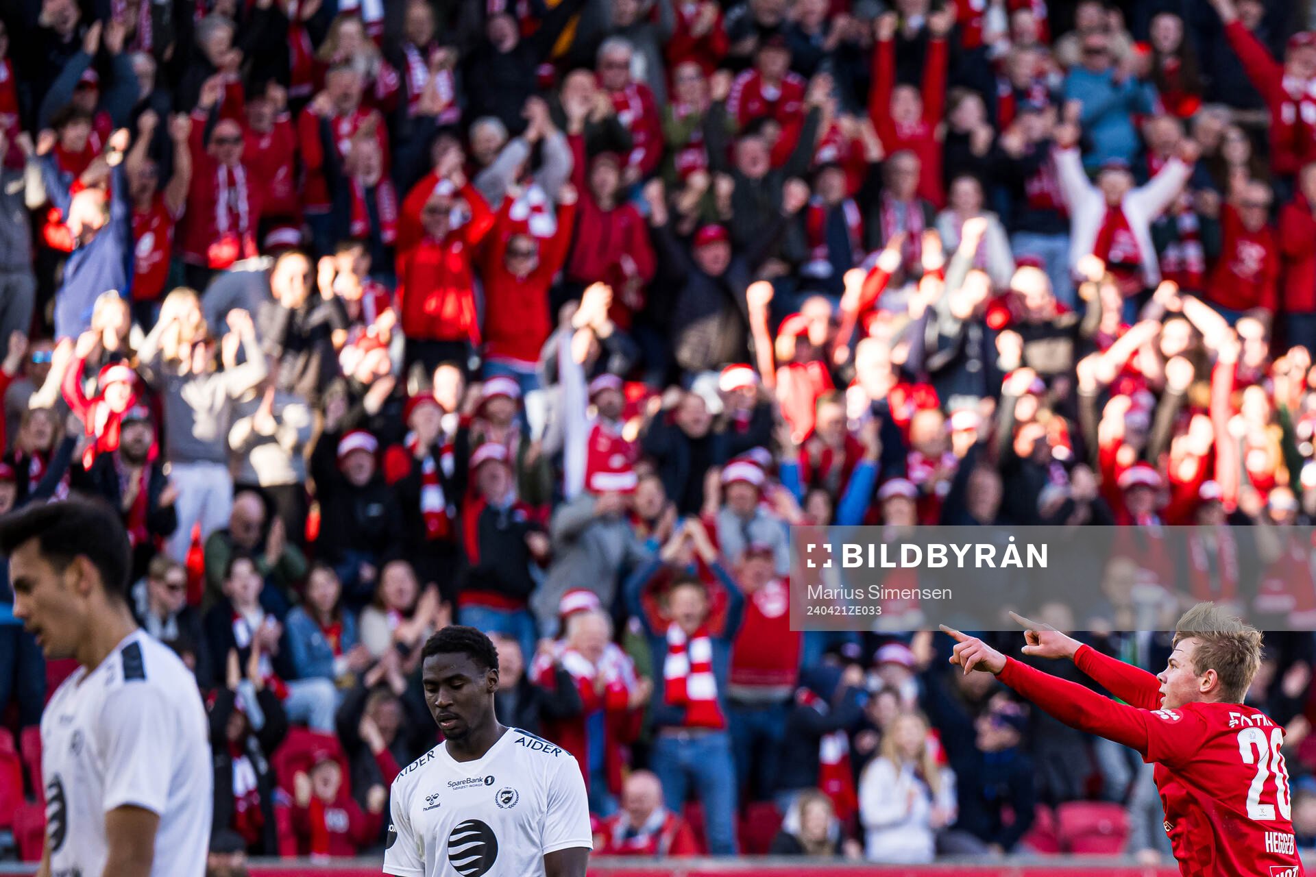 Aune Heggebø of Brann celebrates after scoring the 2-0 goal during the Eliteserien match between Brann and Odd on April 21, 2024 in Bergen. 