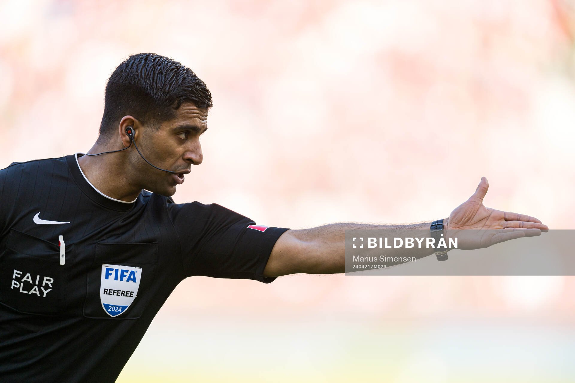 Mohammad Usman Aslam, referee, during the Eliteserien match between Brann and Odd on April 21, 2024 in Bergen. 