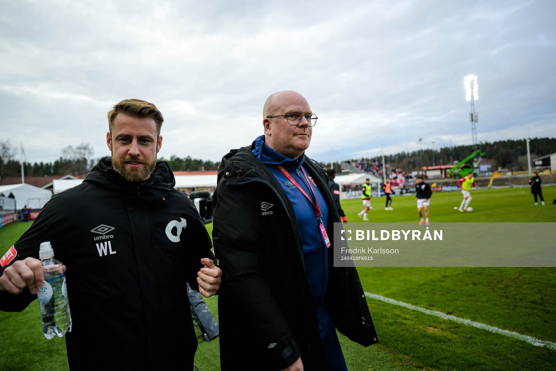 Degerfors Tränare William Lundin och sportchef Patrik Werner inför fotbollsmatchen i Superettan mellan Degerfors och Helsingborg den 23 april 2024 i Degerfors.