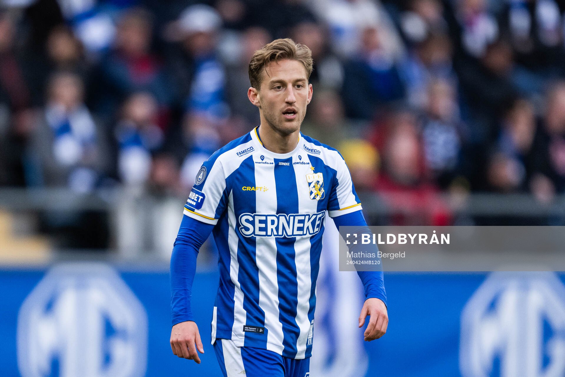 IFK Göteborgs Arbnor Mucolli under fotbollsmatchen i Allsvenskan mellan IFK Göteborg och Häcken den 24 april 2024 i Göteborg. 